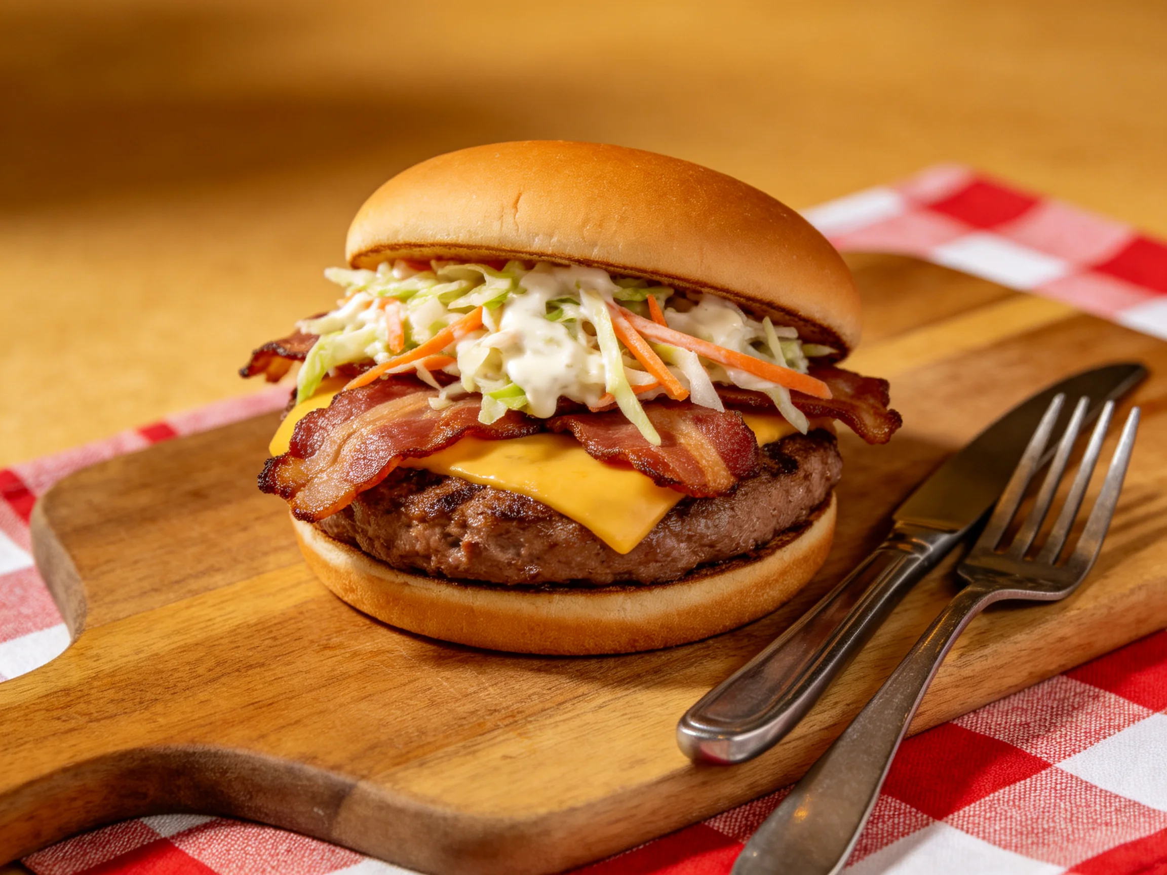 A bacon cheeseburger with coleslaw on a wooden board