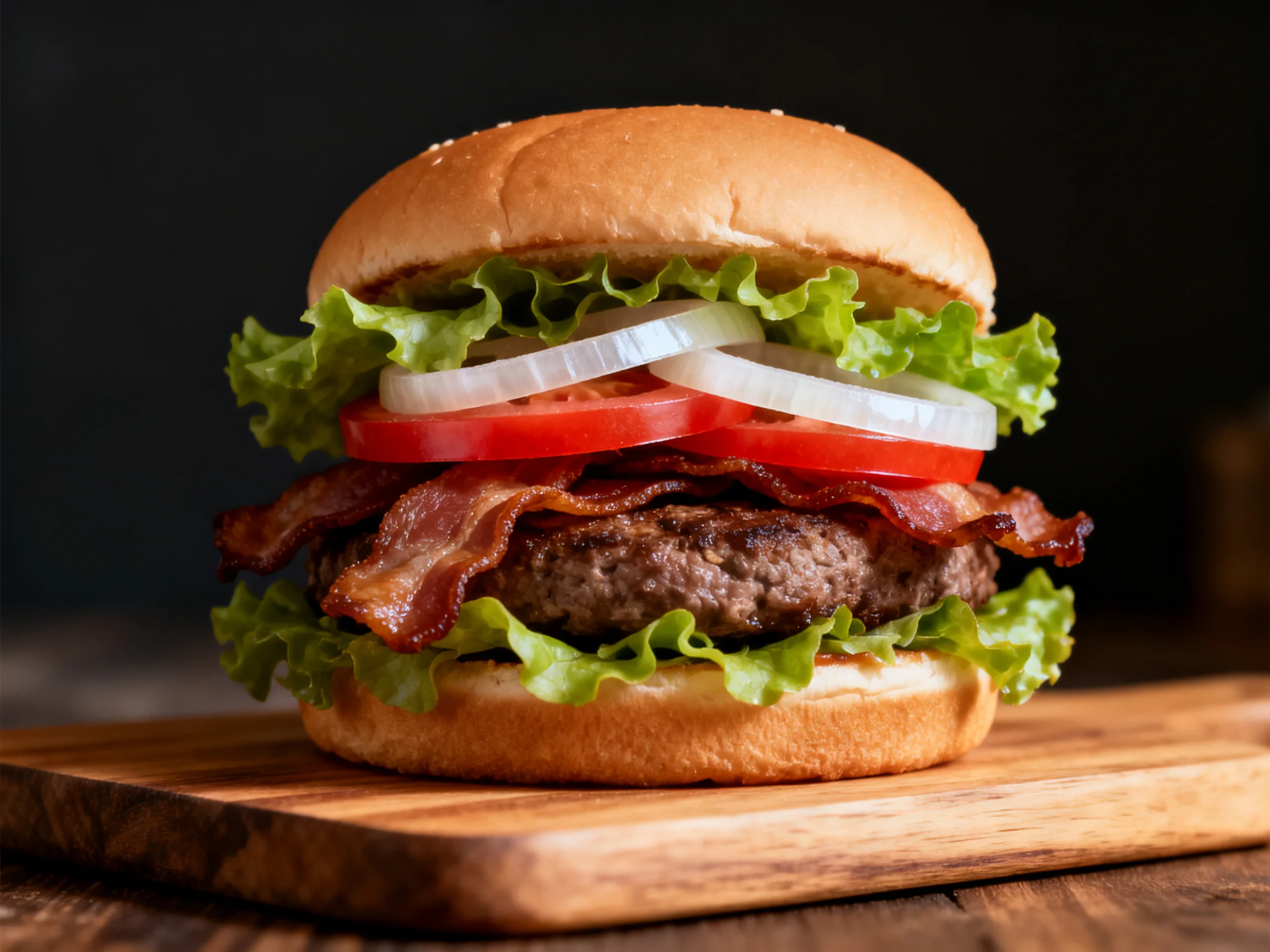 A bacon-topped burger with fresh lettuce, tomato, and onion