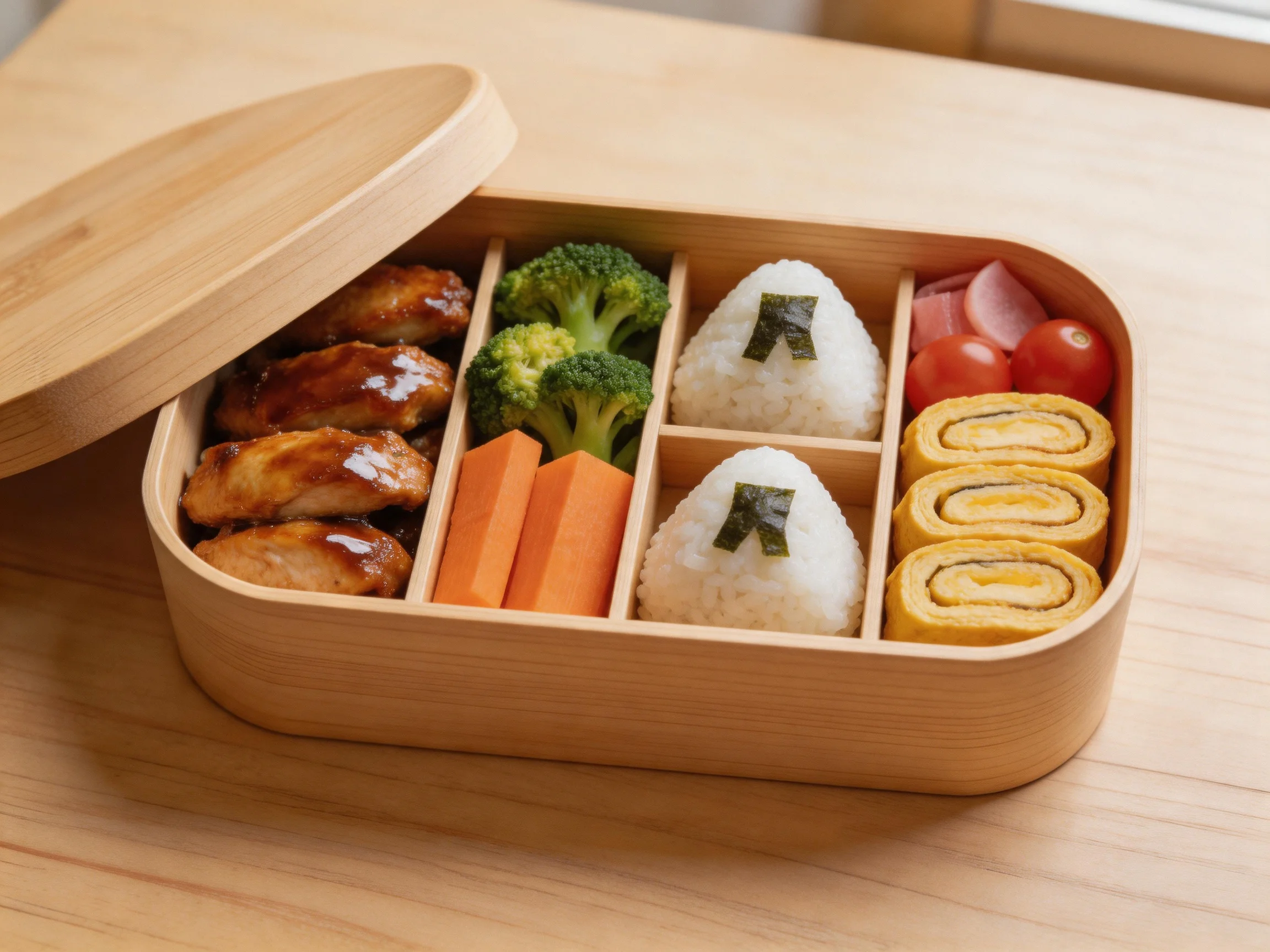 A bamboo bento box holds grilled chicken, rice balls, and assorted vegetables