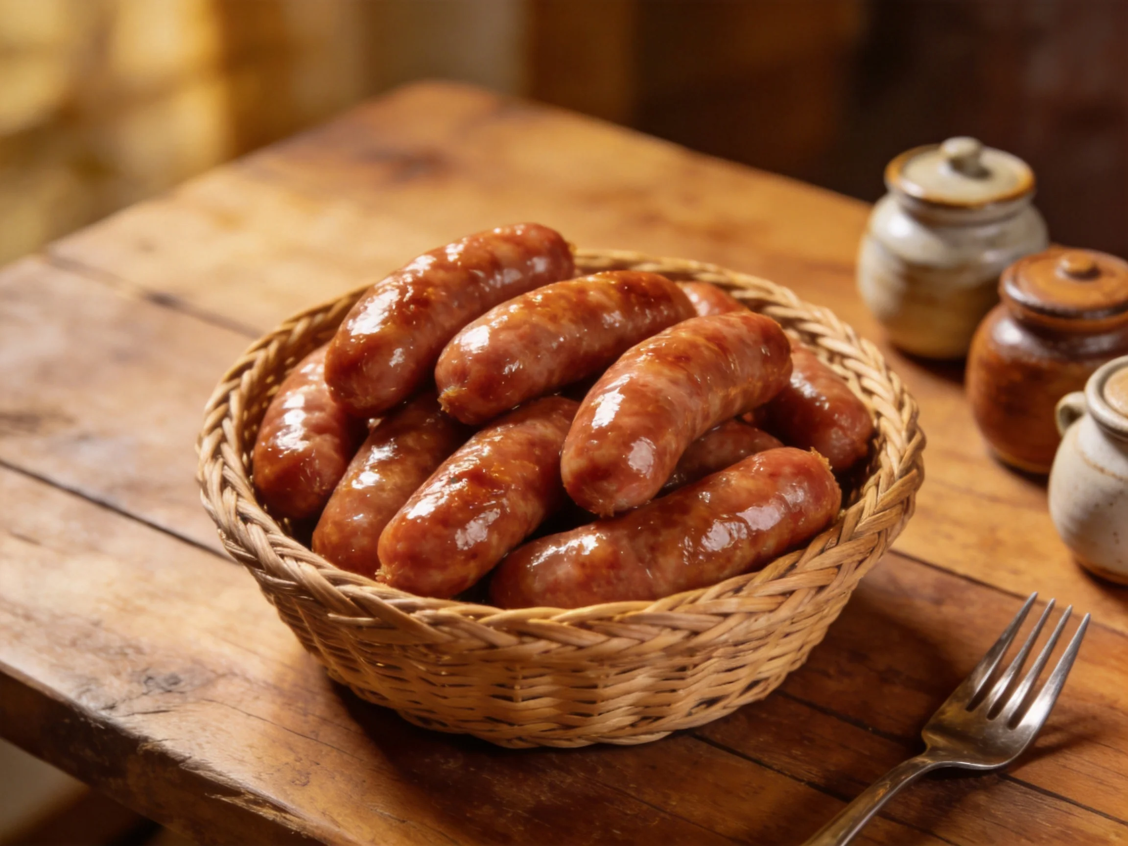A basket of glossy brown sausages on a rustic wooden table