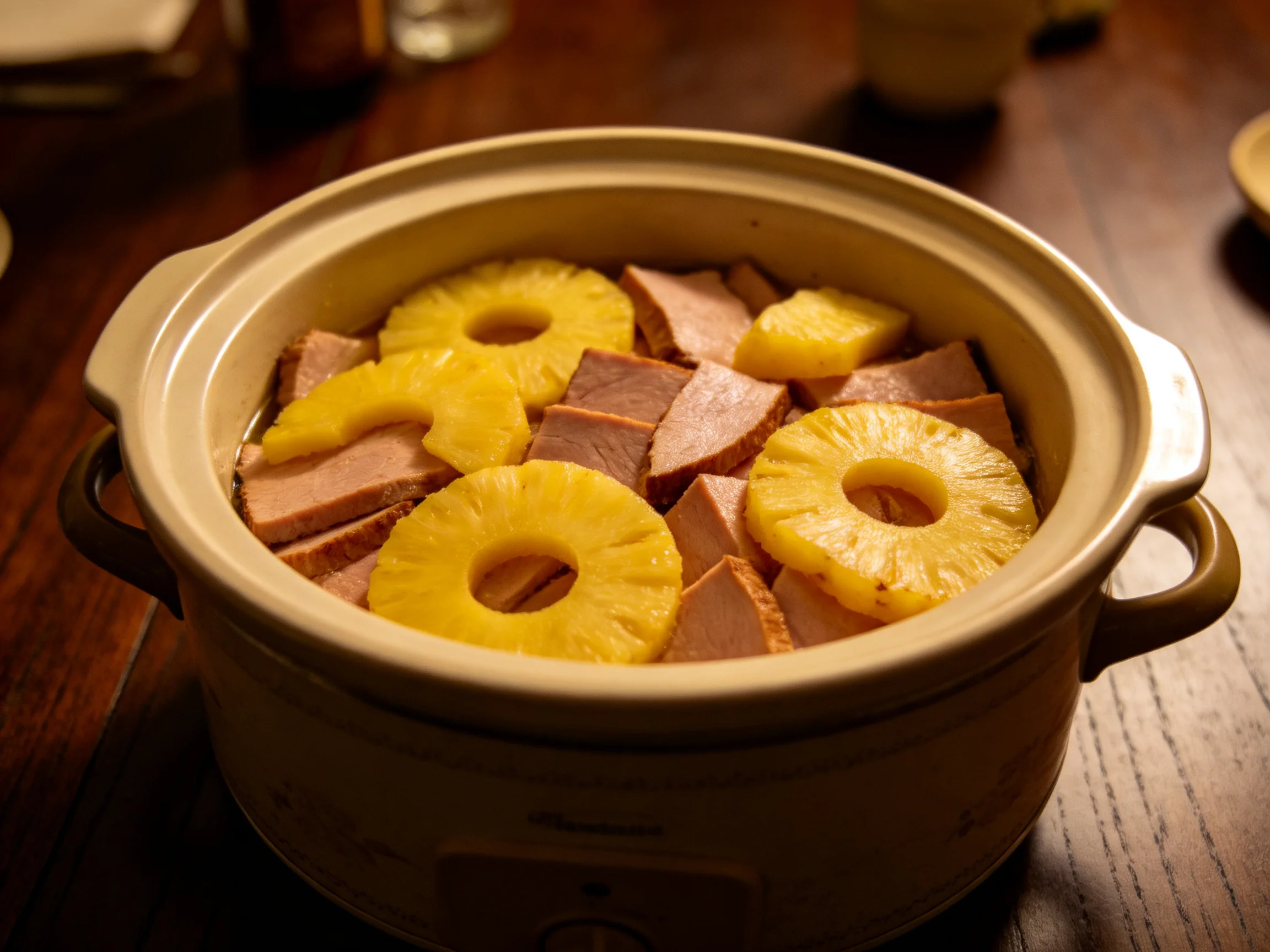 A beige ceramic pot with ham slices and pineapple rings