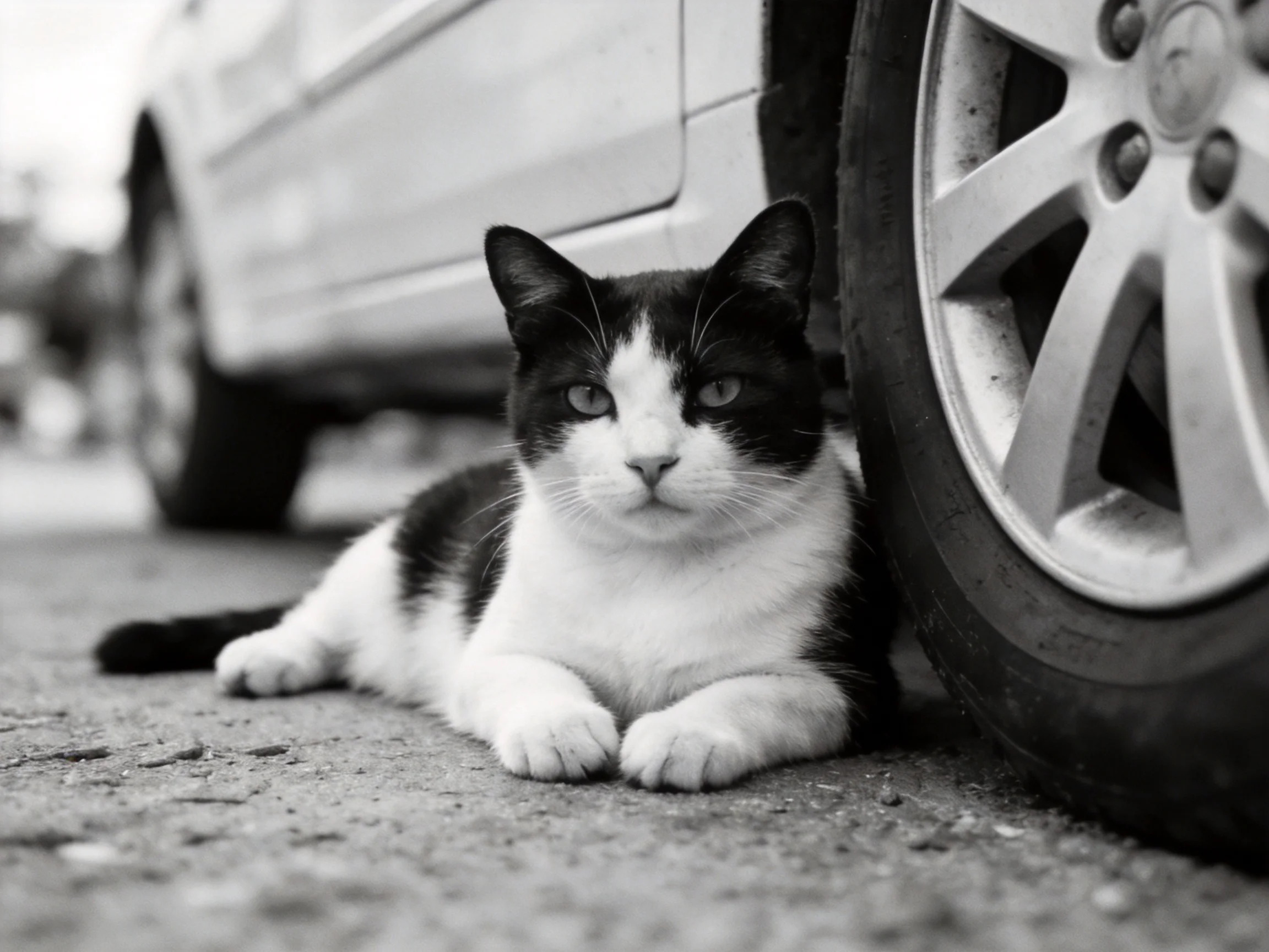 A black - and - white cat rests beside a large car tire on pavement
