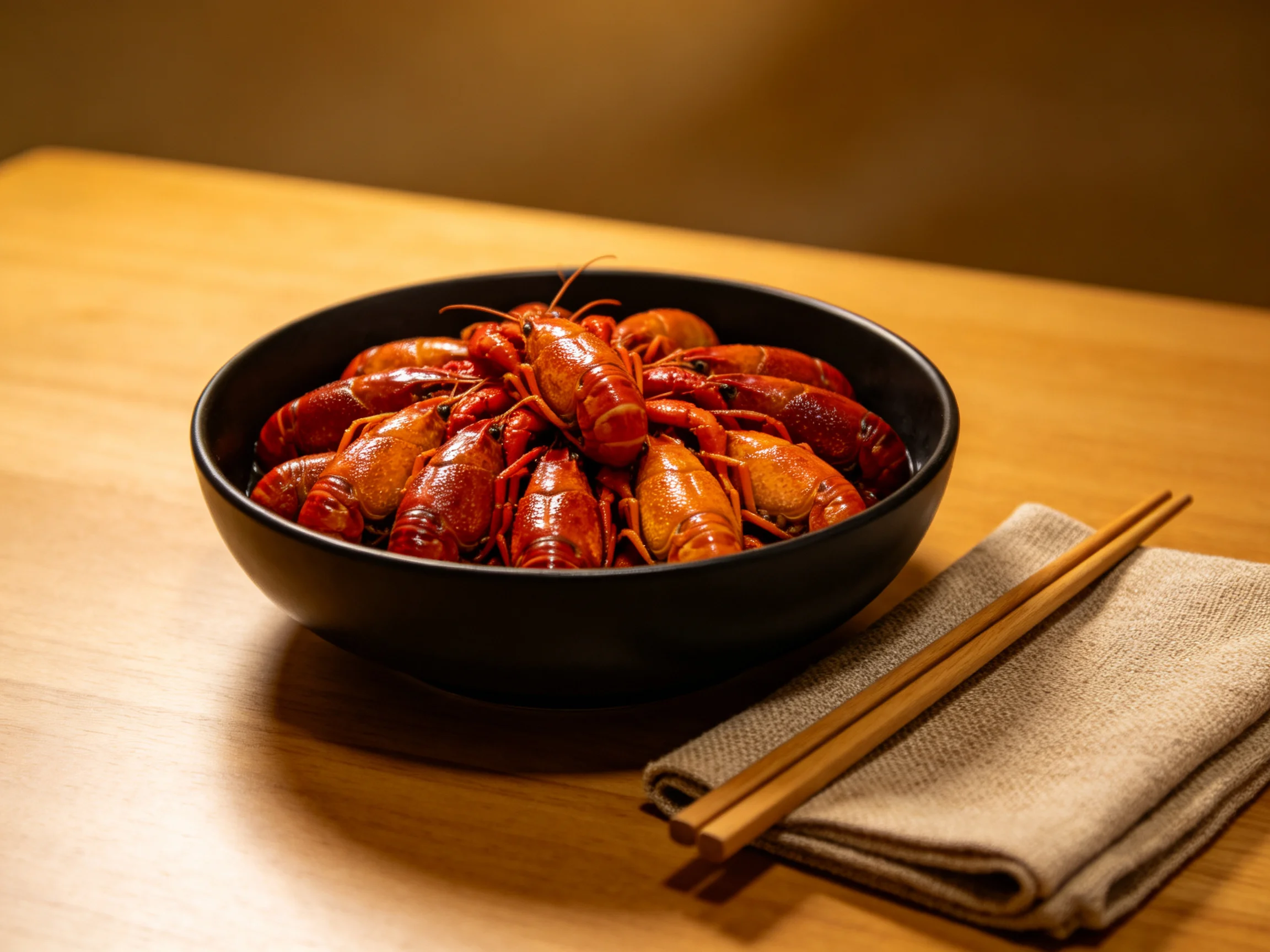 A black bowl filled with bright red boiled crawfish on a wooden table