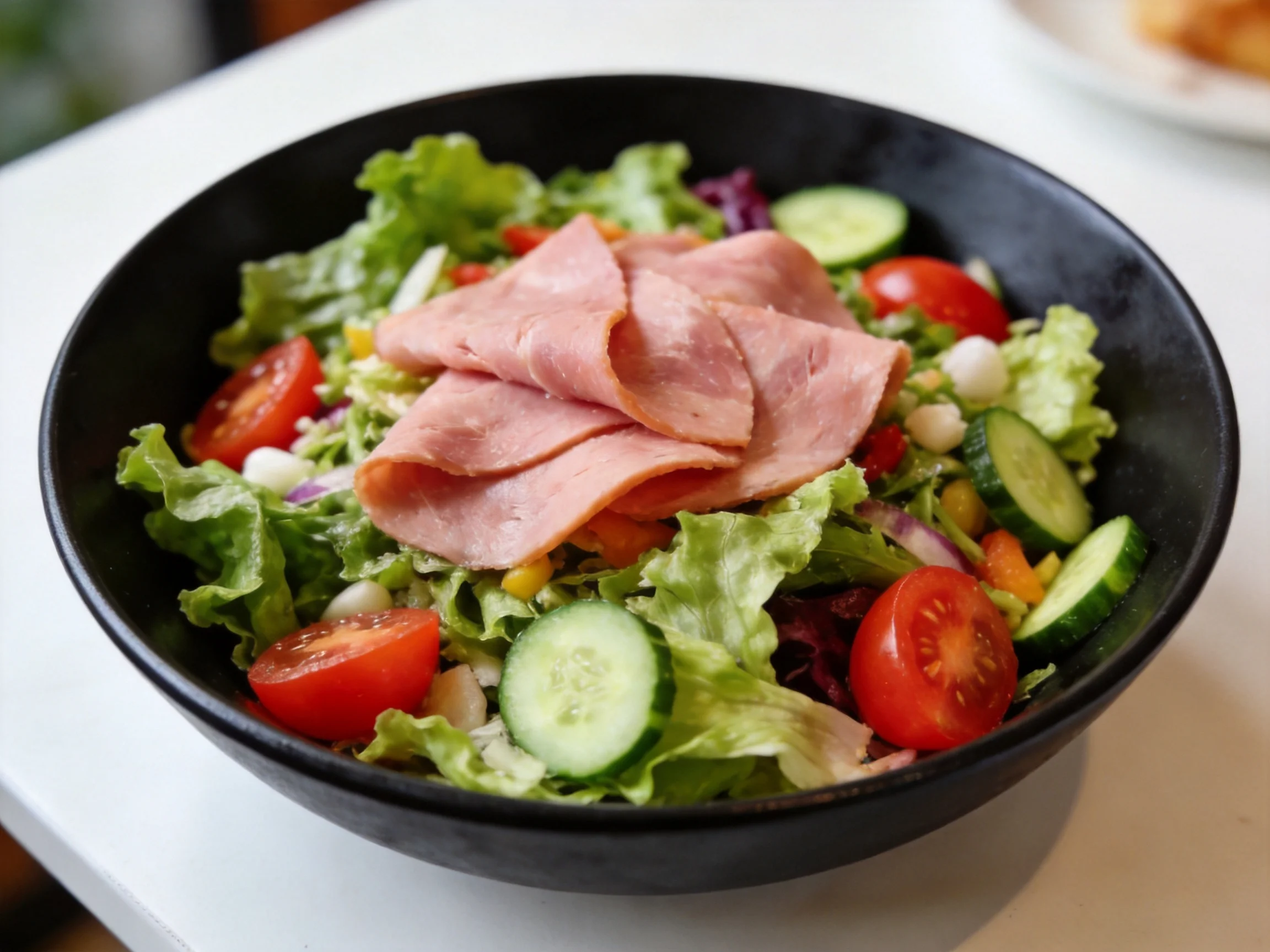 A black bowl holds a fresh salad with ham, tomatoes, and cucumbers