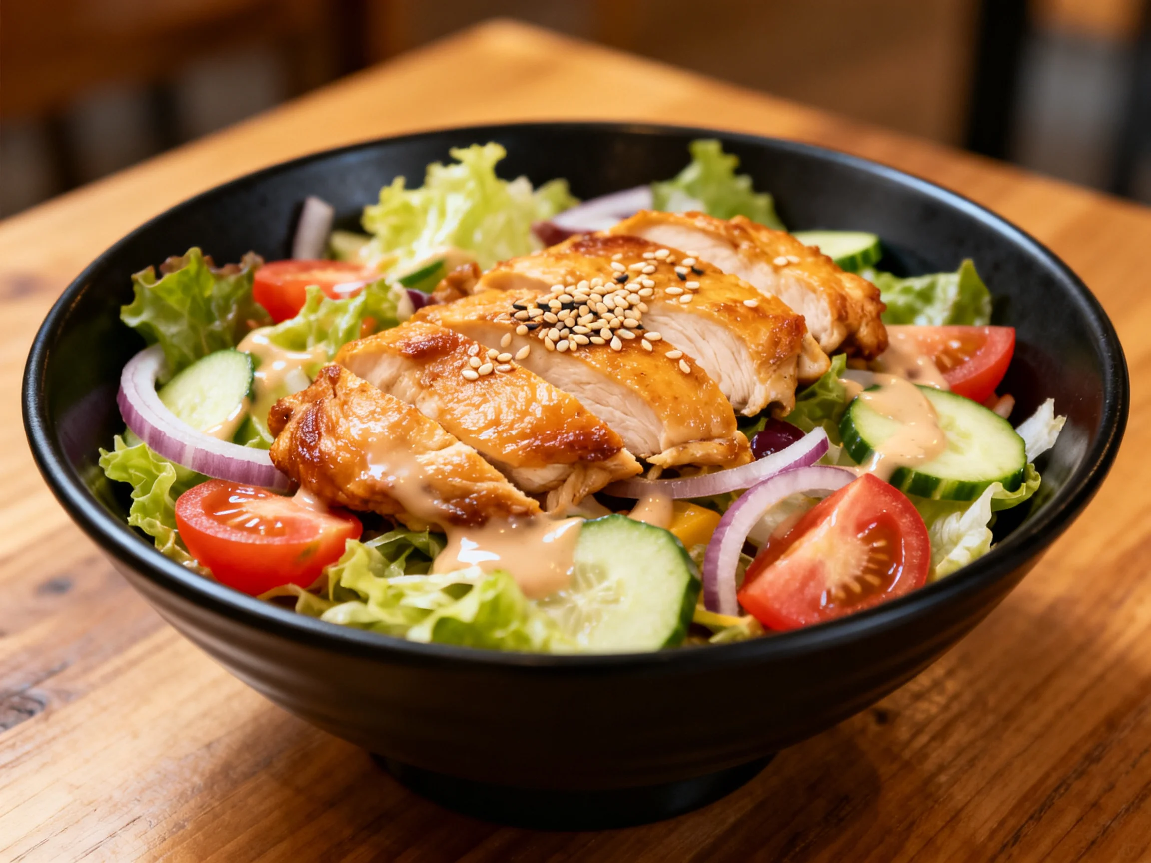 A black bowl holds grilled chicken salad with tomatoes, cucumbers, and sesame seeds