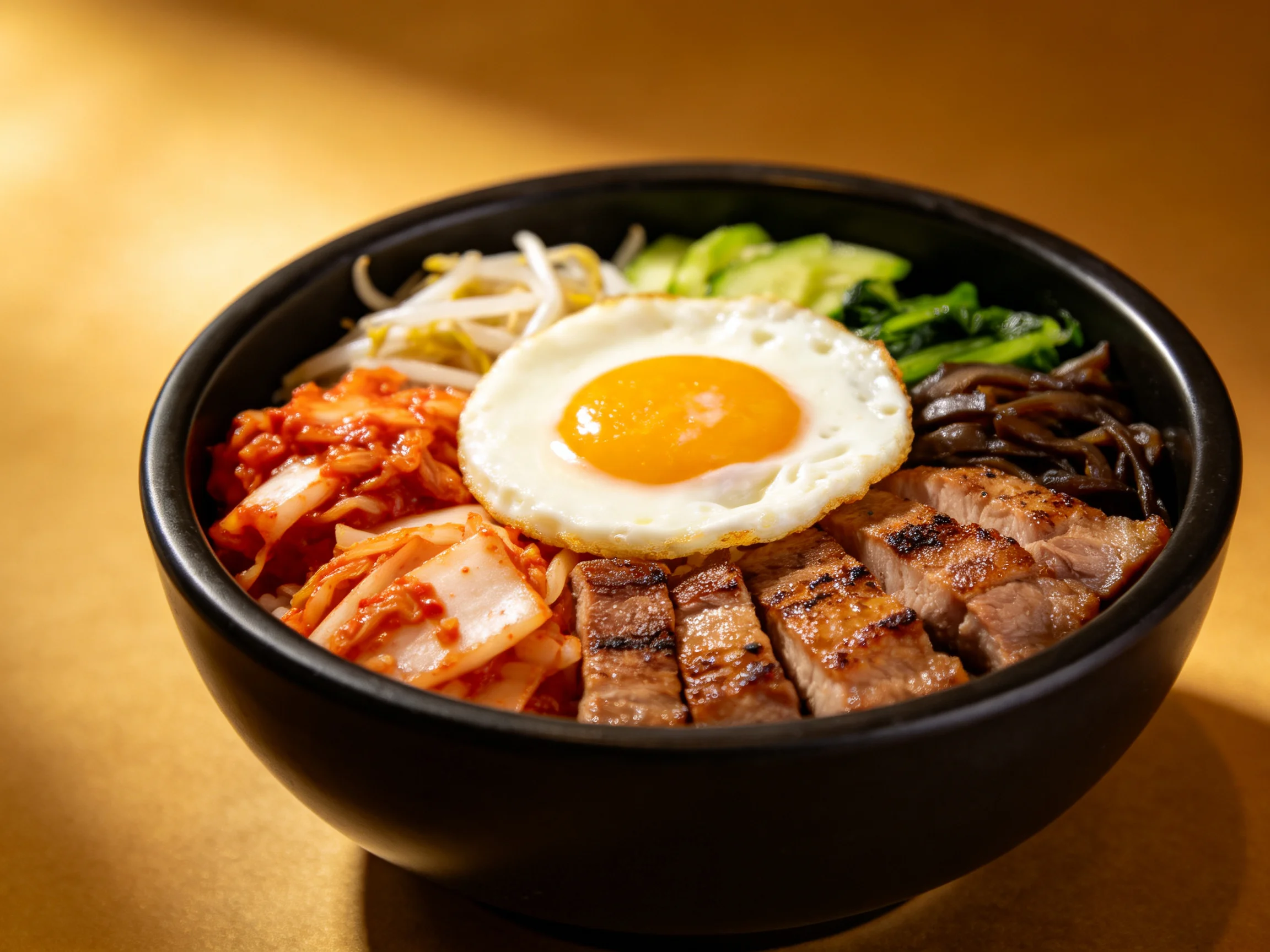 A black bowl holds grilled pork, fried egg, kimchi, and vegetables