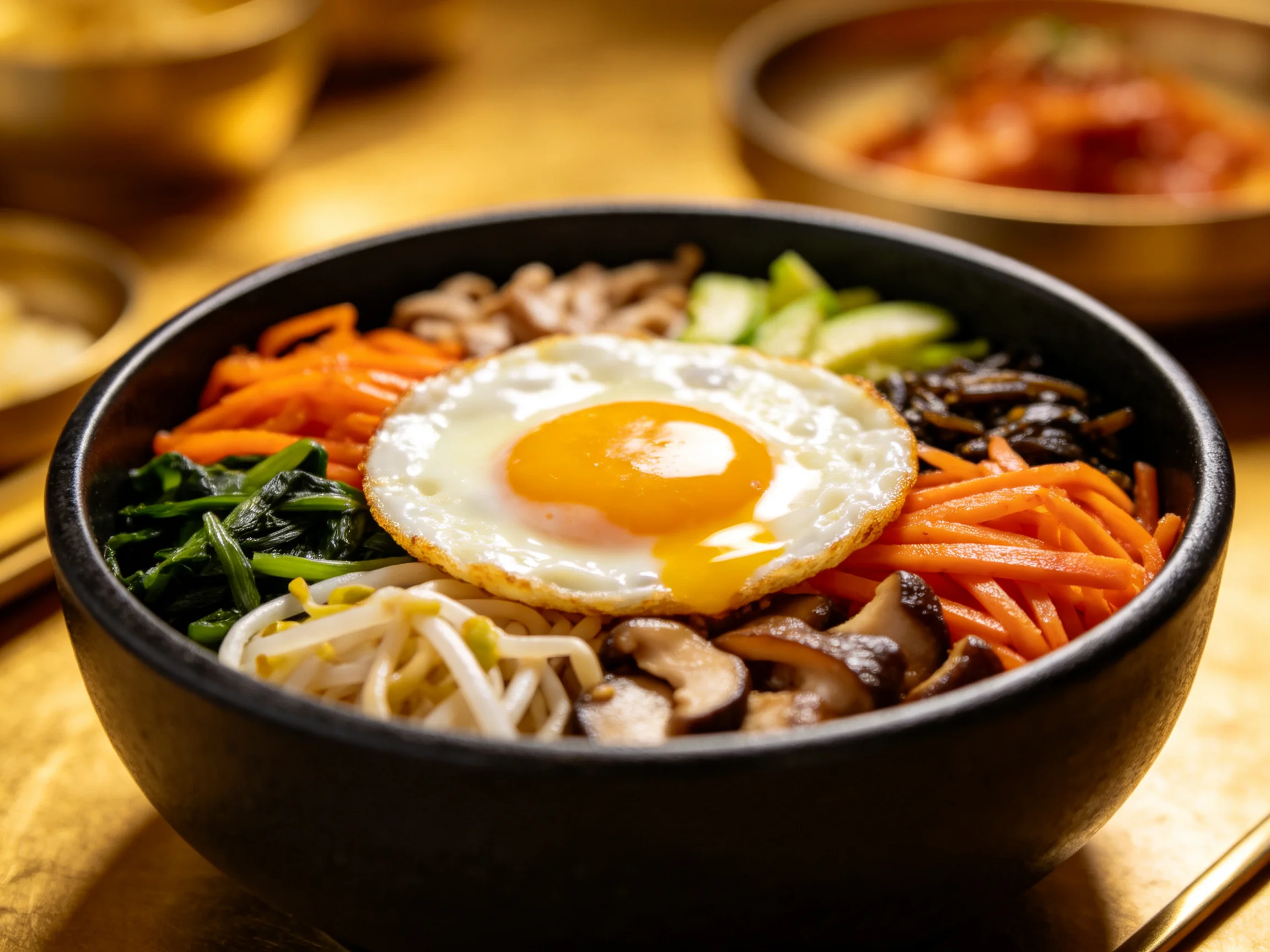 A black bowl of bibimbap with a fried egg and mixed vegetables