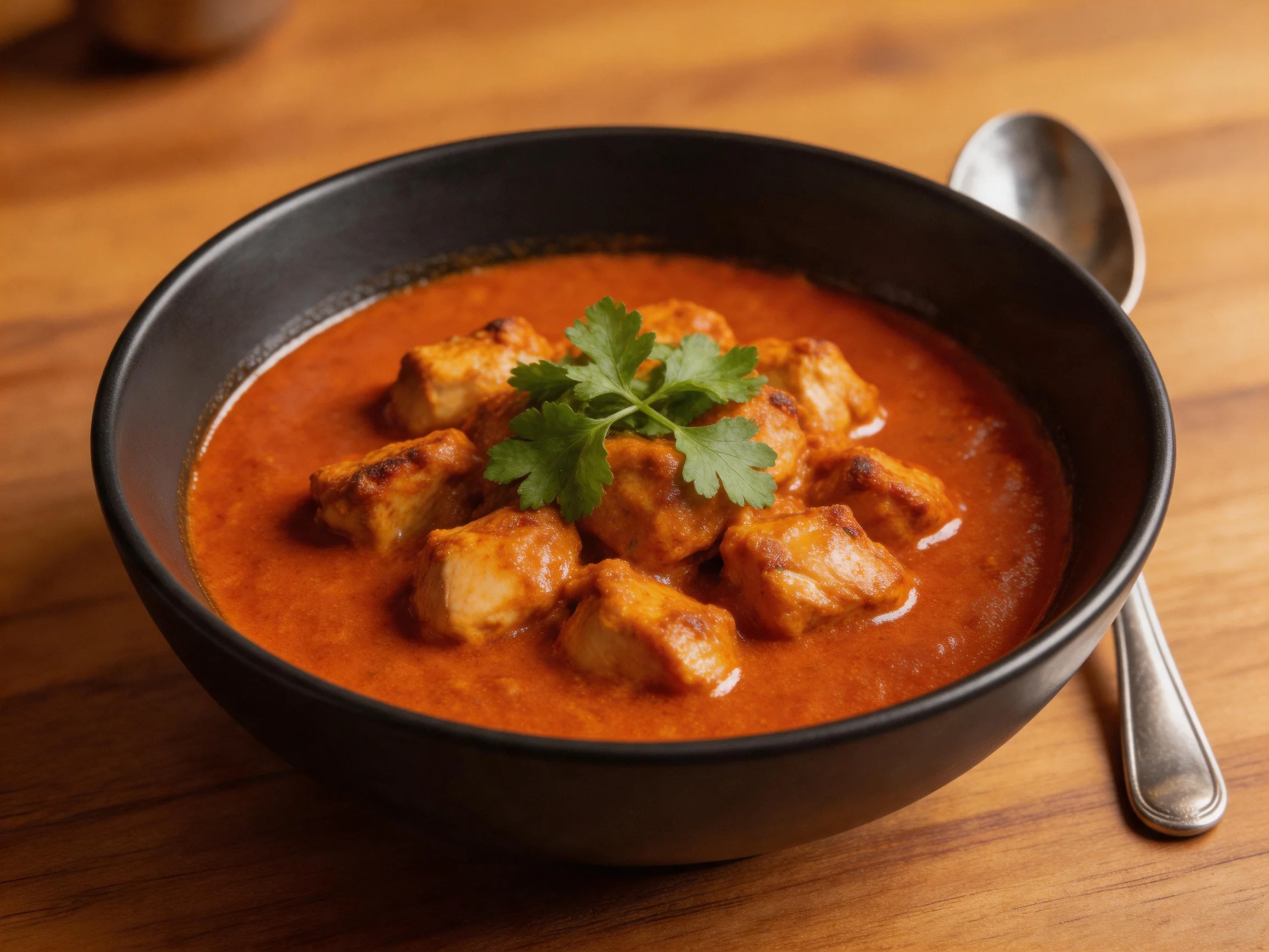A black bowl of creamy orange chicken curry garnished with cilantro