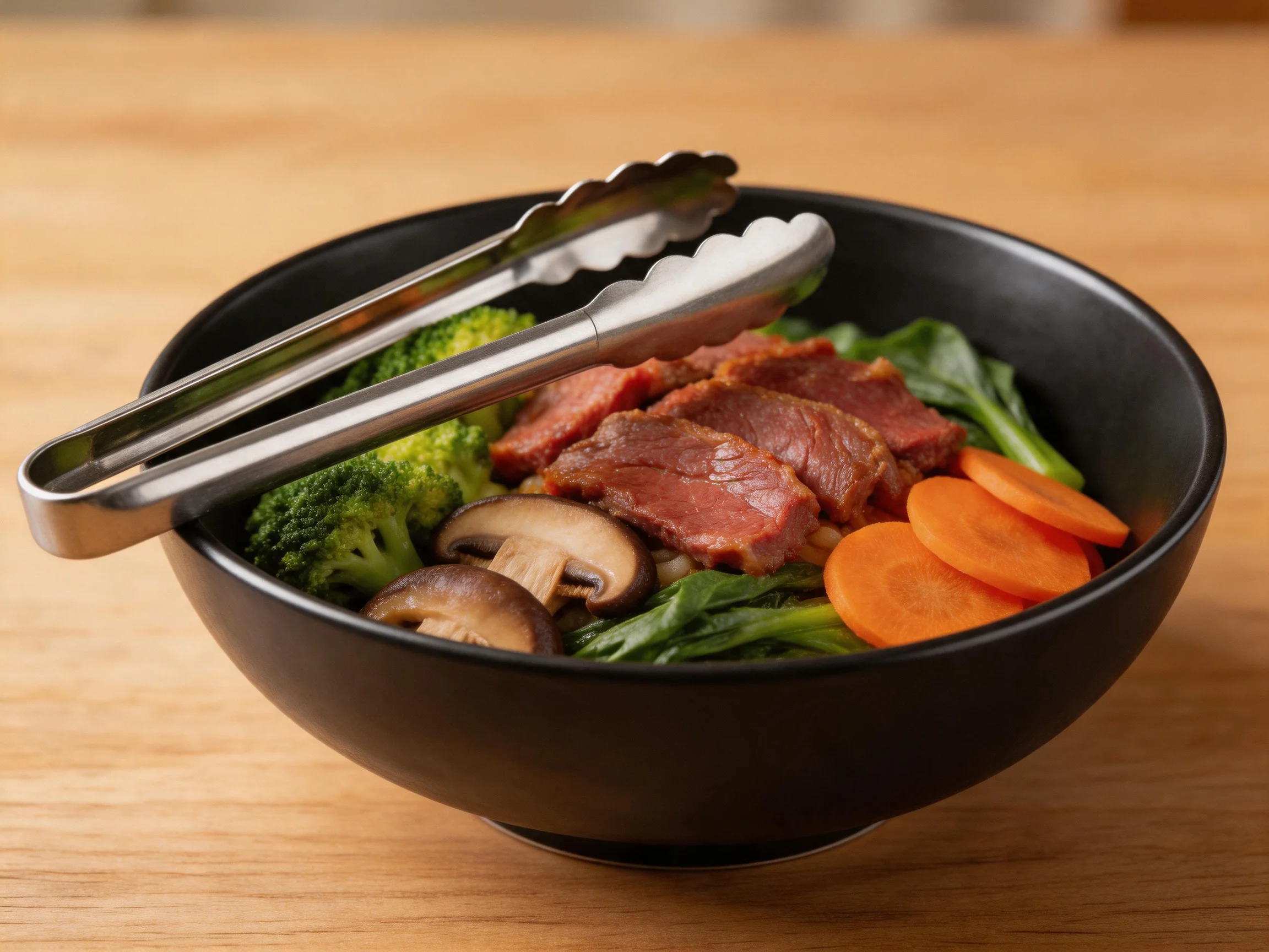 A black bowl with sliced meat, vegetables, and metal tongs