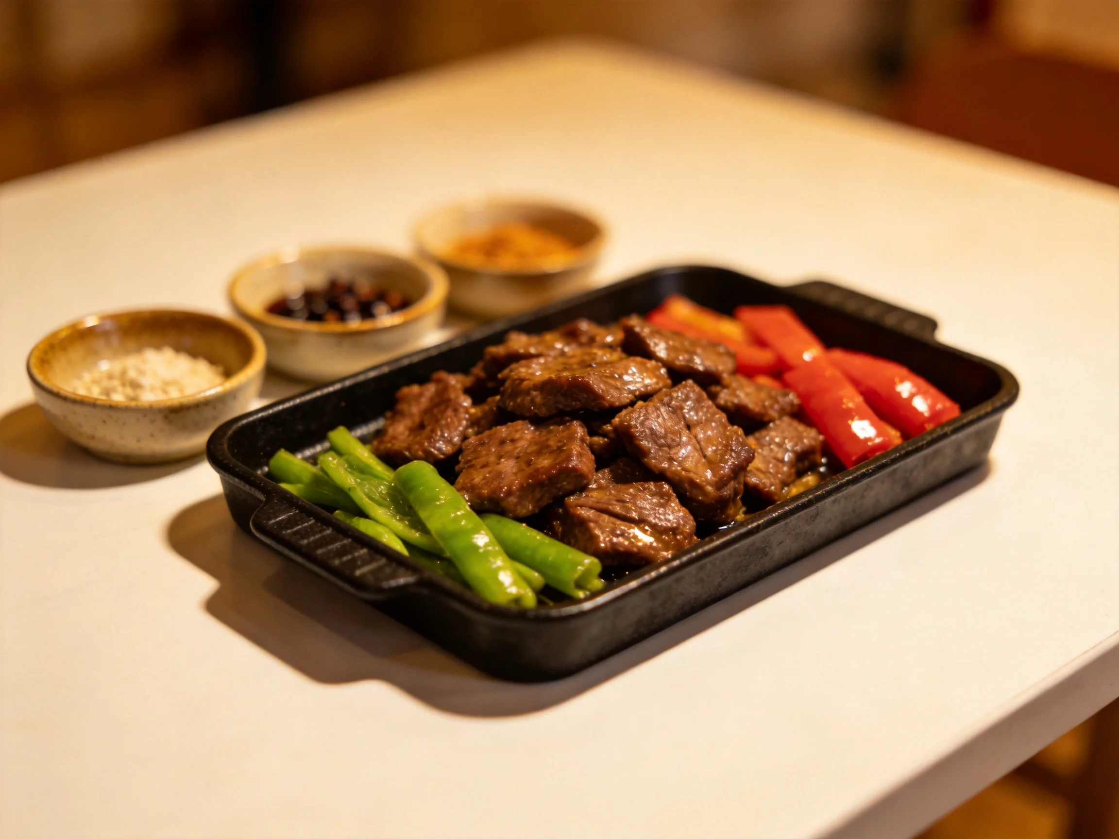 A black cast iron tray serves grilled beef, peppers, and three seasoning bowls