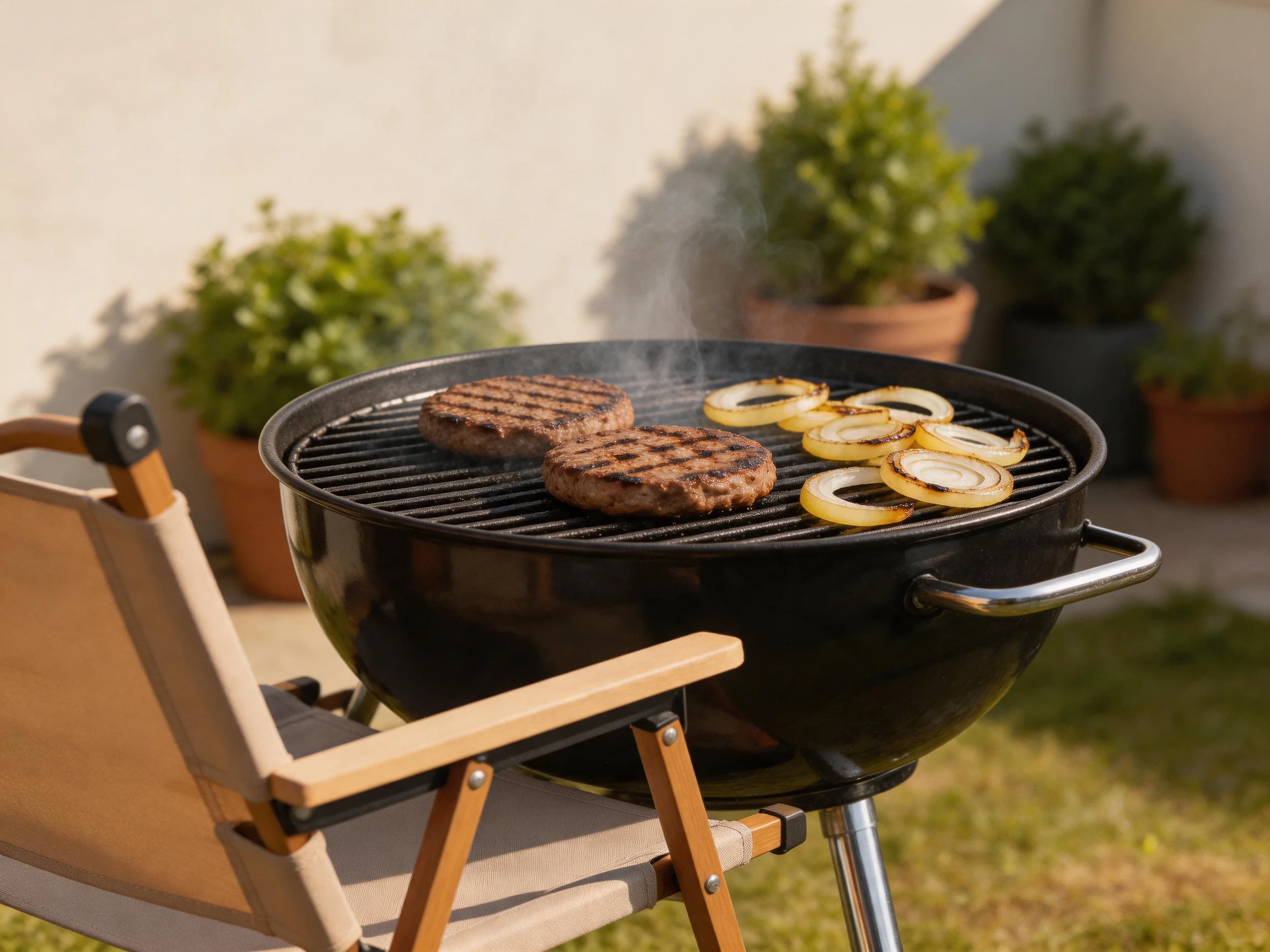 A black charcoal grill cooking burger patties and onion slices outdoors