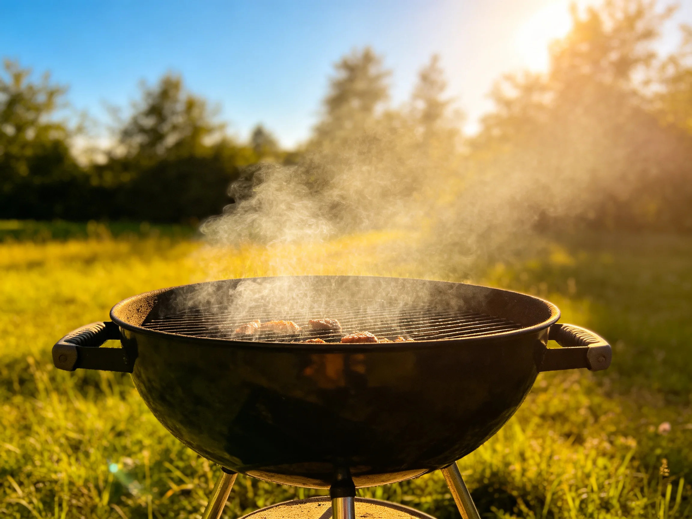 A black charcoal grill cooking meat in a sunlit grassy field
