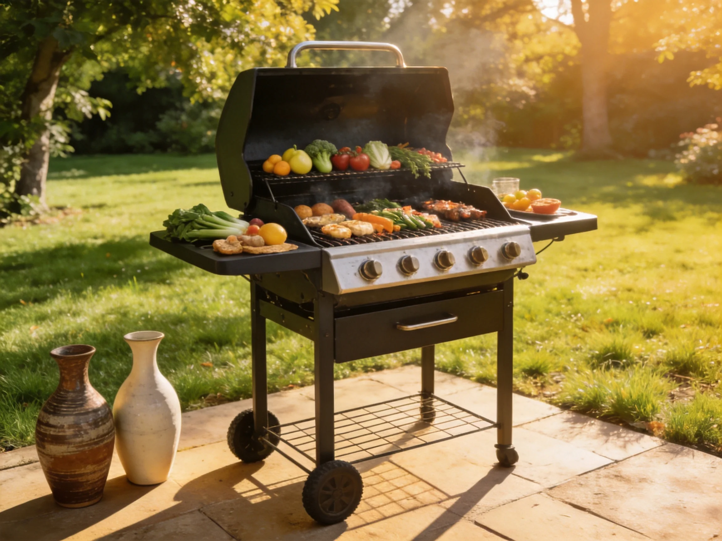 A black gas grill loaded with veggies and meats in a sunny backyard