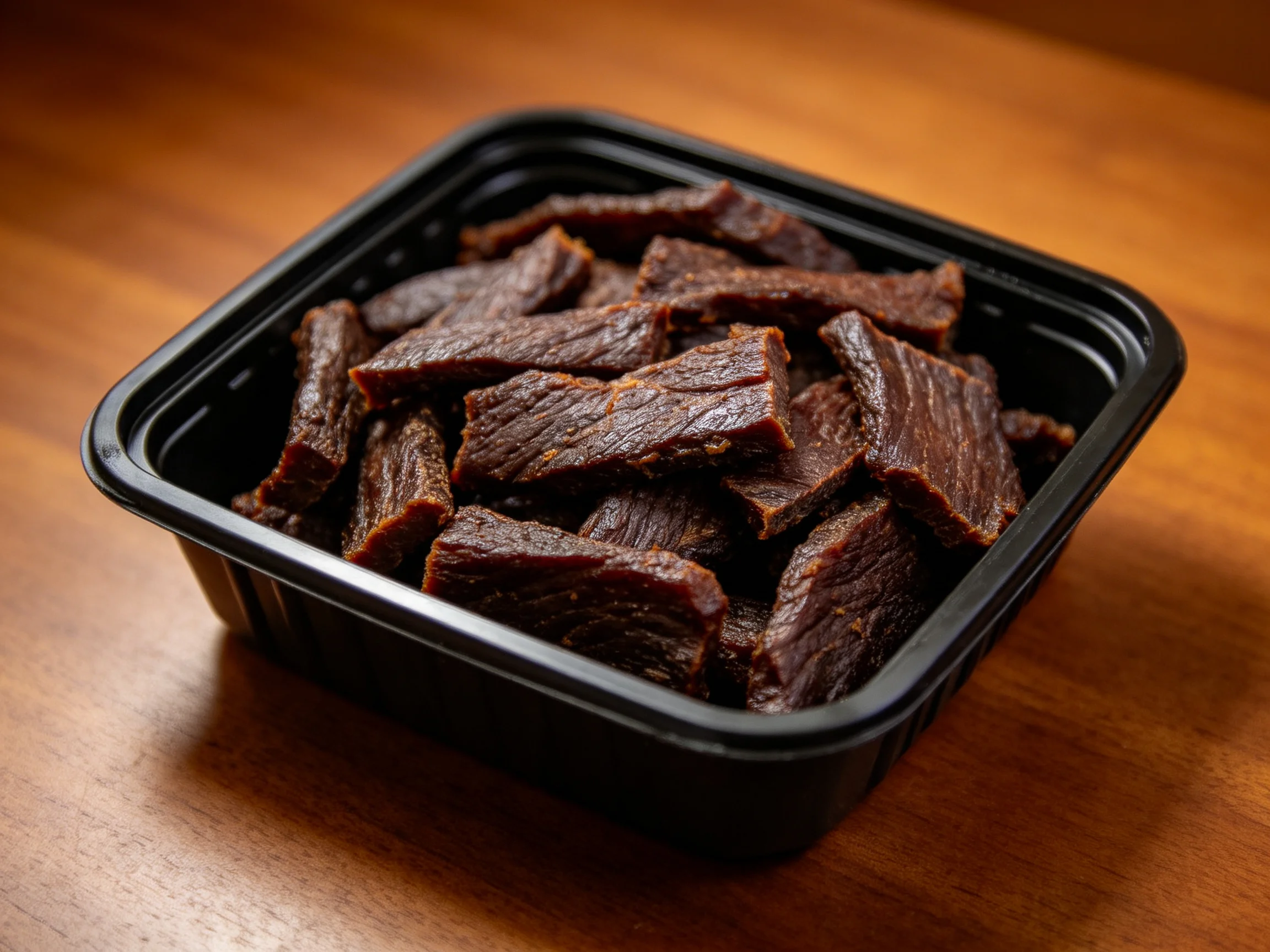 A black plastic container of dark brown dried meat strips on a wooden surface