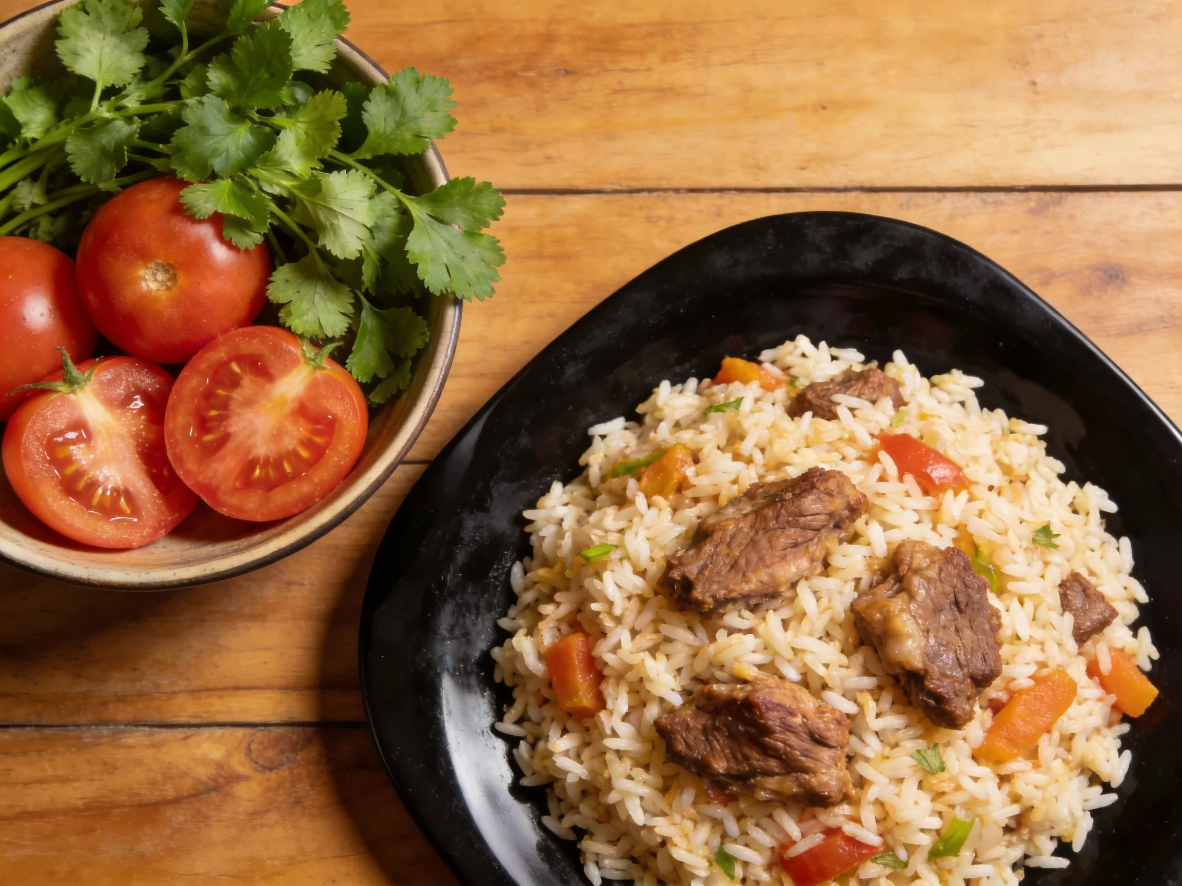 A black plate holds seasoned rice with beef, carrots, beside a bowl of red tomatoes and cilantro