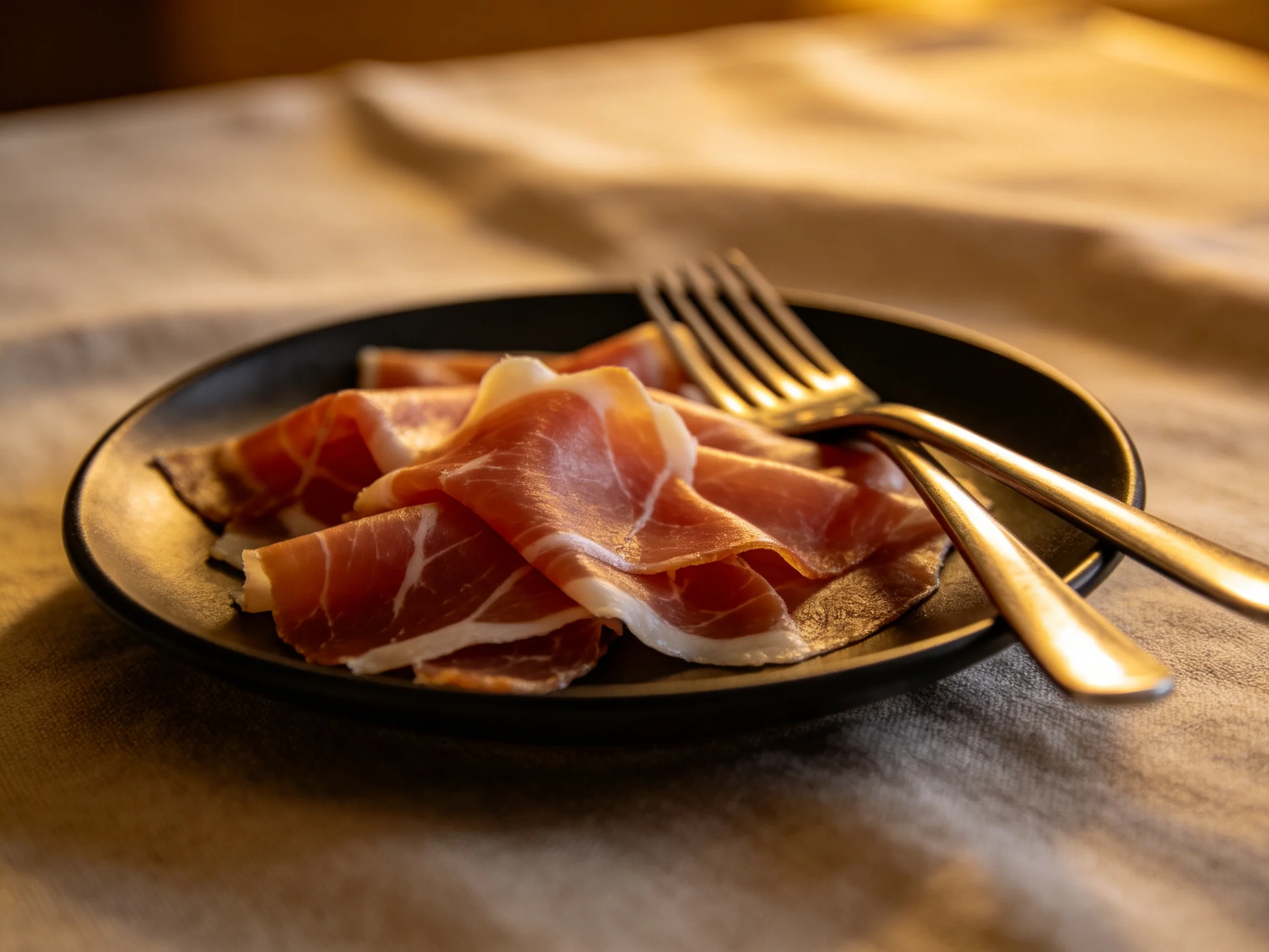 A black plate holds thinly sliced cured ham with two golden utensils