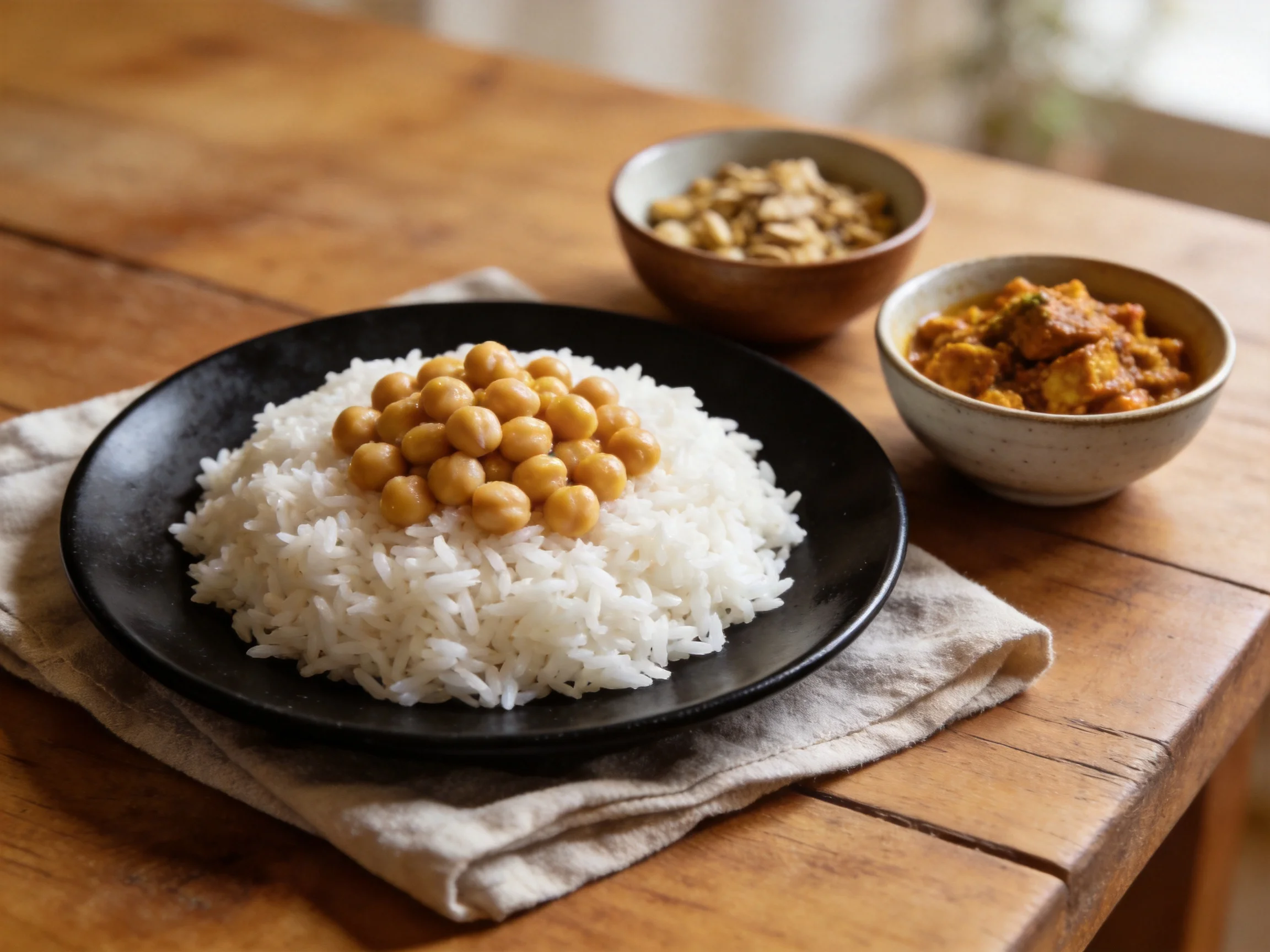 A black plate of white rice with chickpeas near two snack bowls
