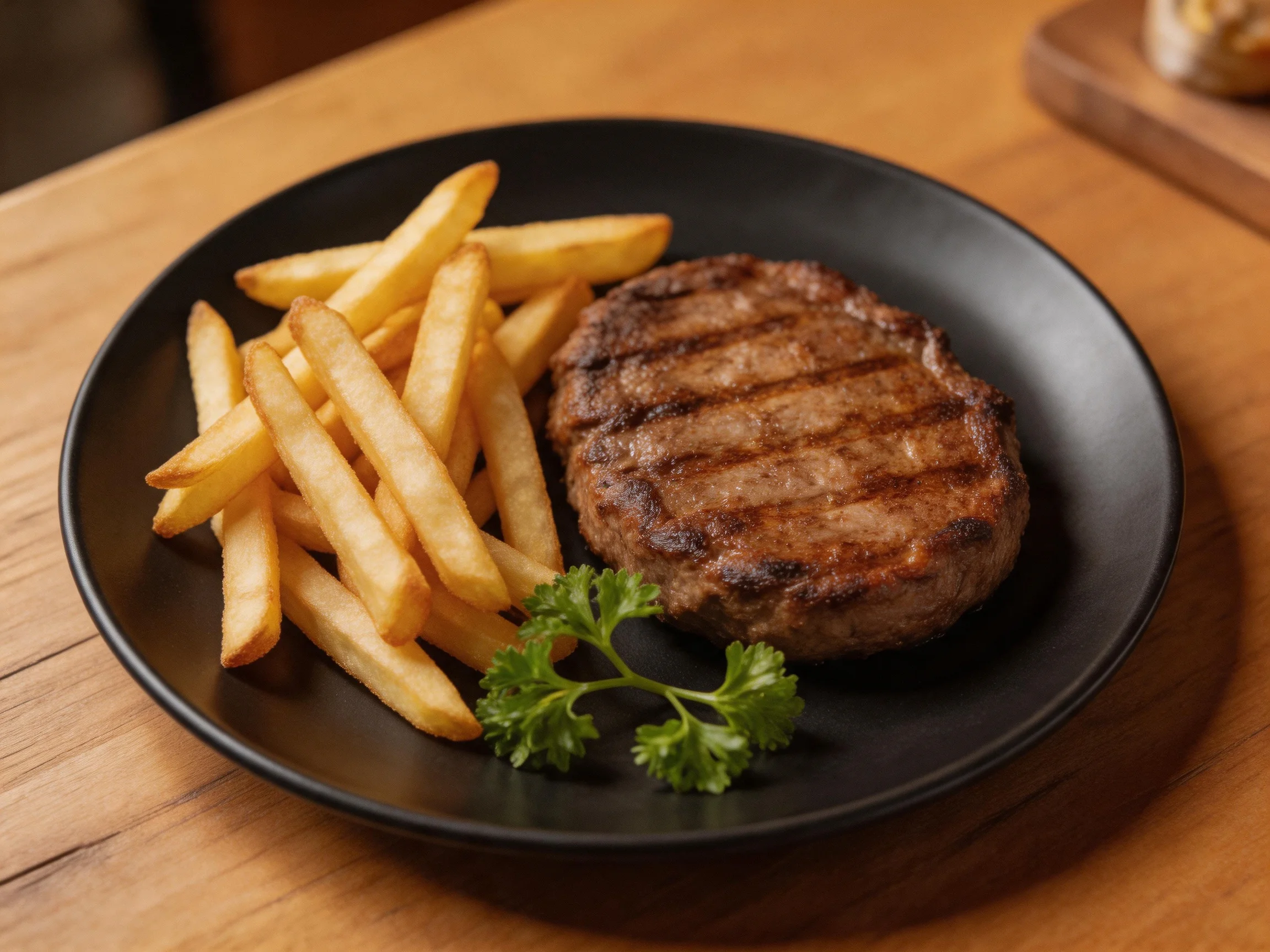 A black plate serves a grilled steak, golden fries, and parsley