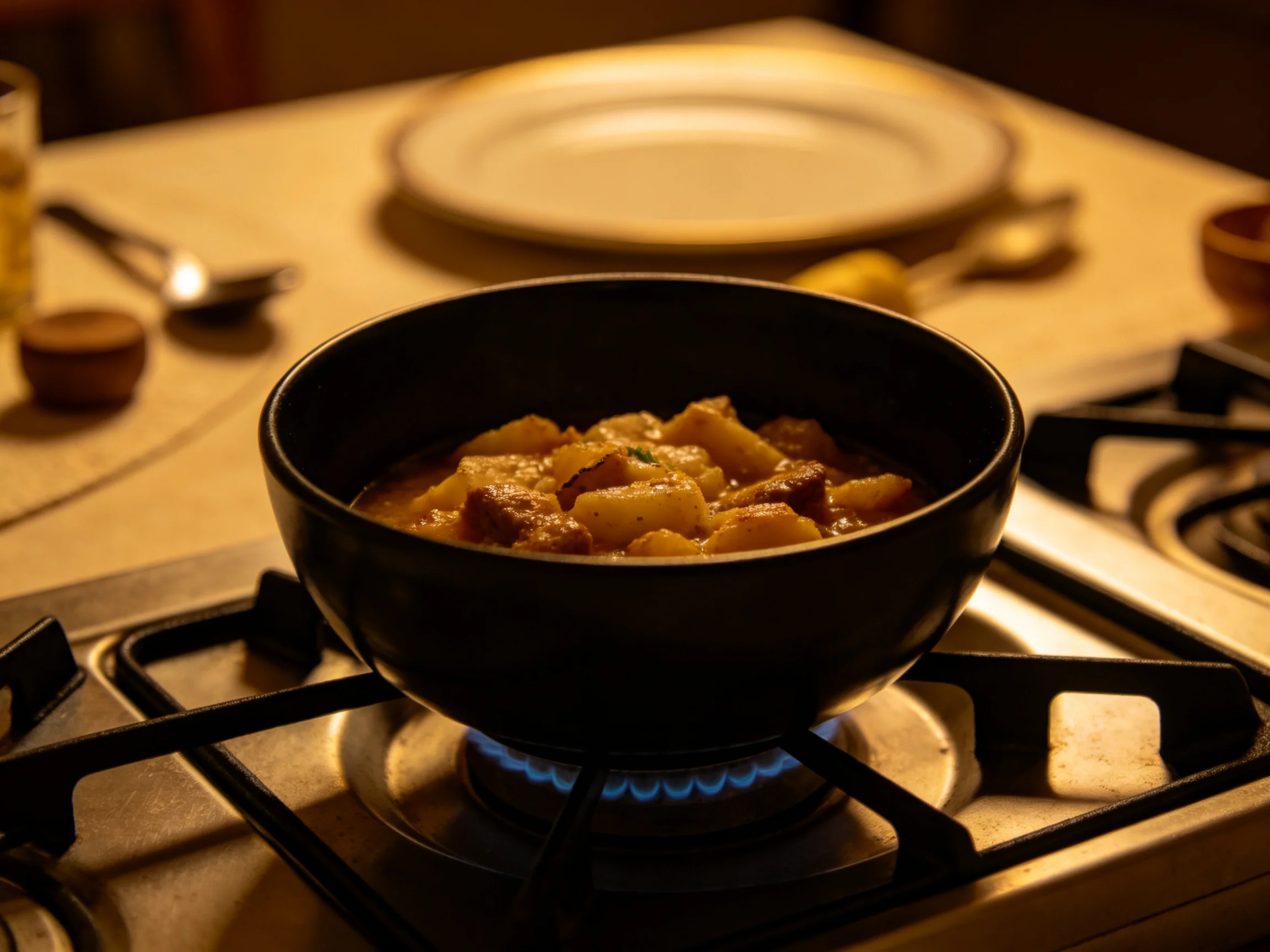 A black pot of golden stew cooking on a lit gas stove