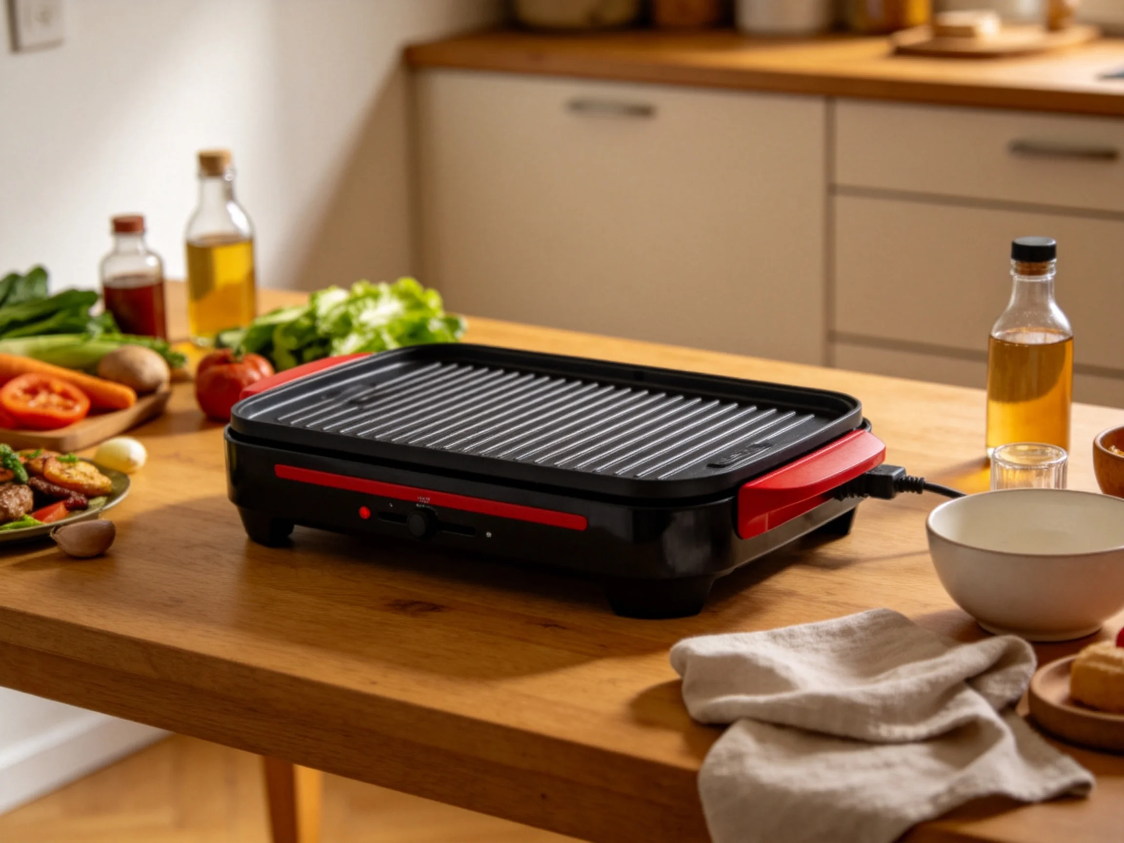 A black-red electric grill on a wooden table with fresh veggies