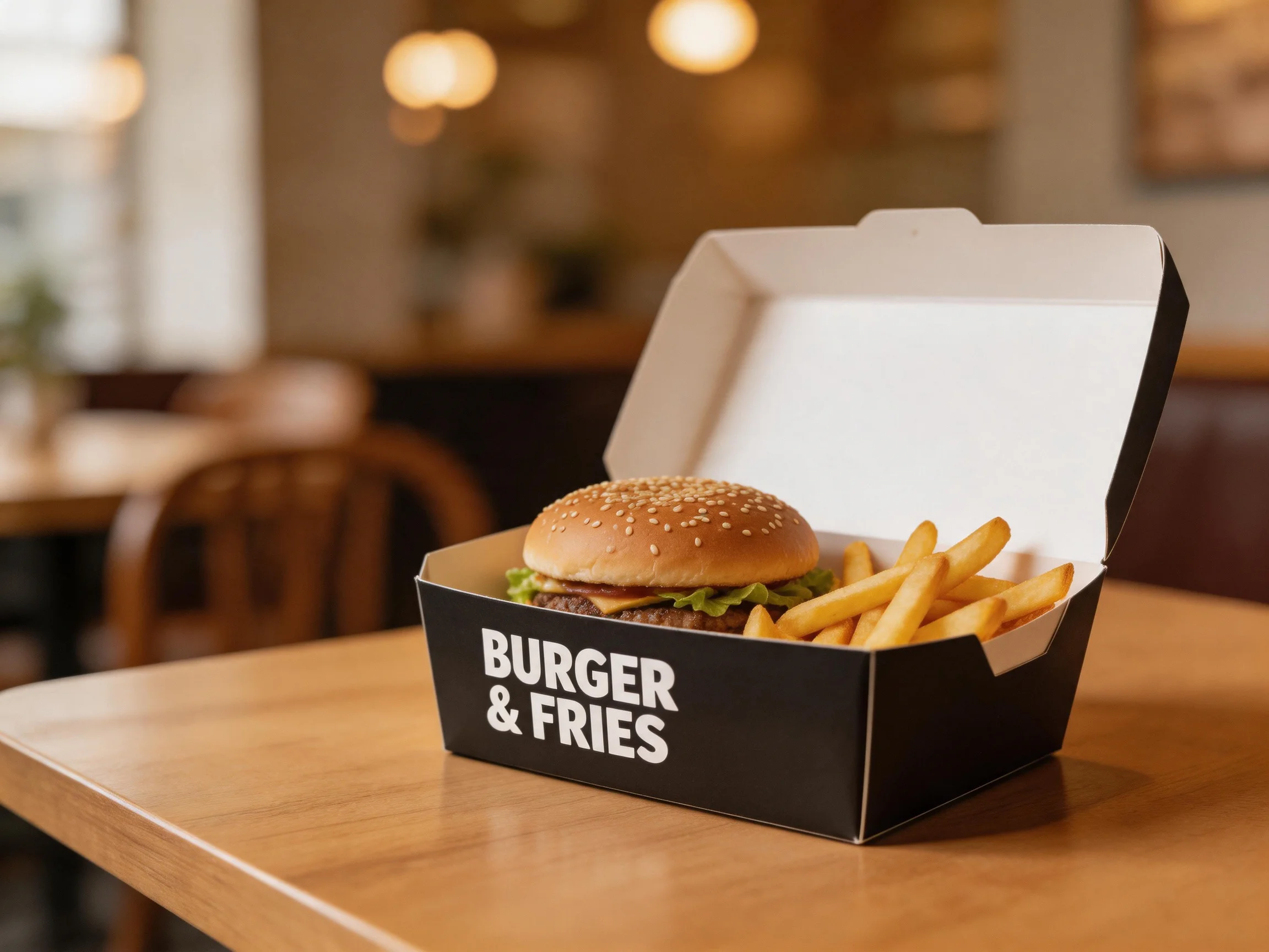 A black takeout box holds a sesame seed burger and golden fries