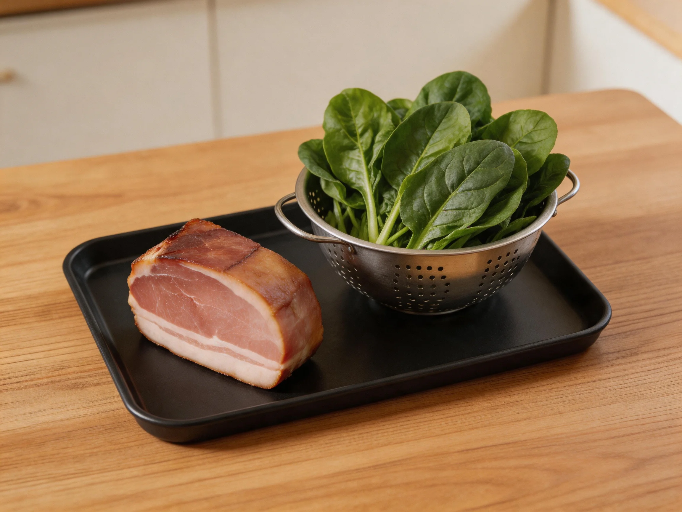A black tray holds a slice of roasted meat and fresh spinach greens
