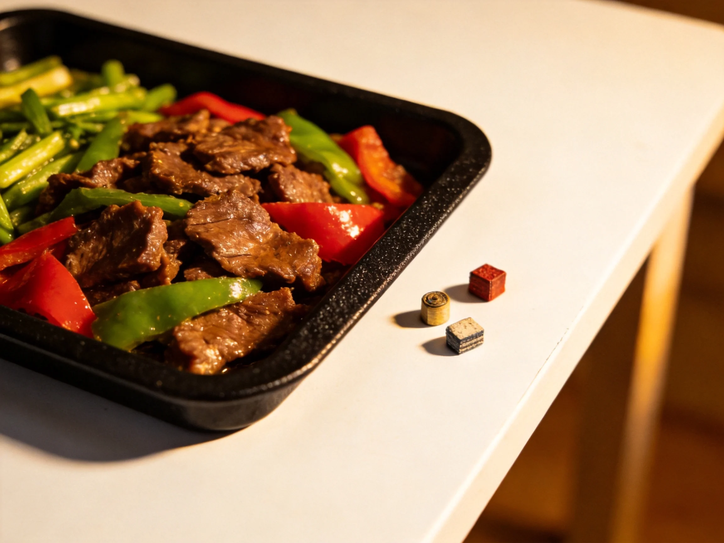 A black tray holds beef stir - fry with green beans, red, and green peppers