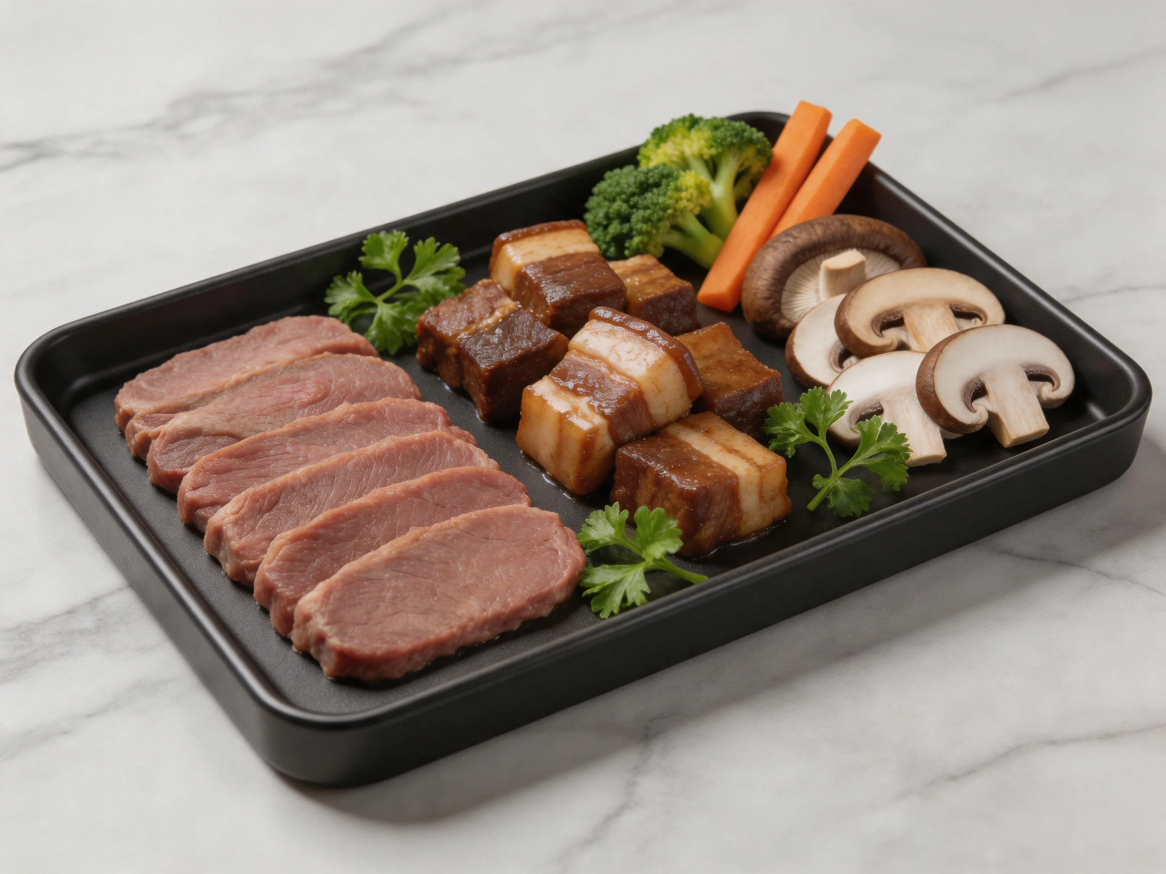 A black tray holds sliced meat, pork cubes, broccoli, carrots, mushrooms, and parsley