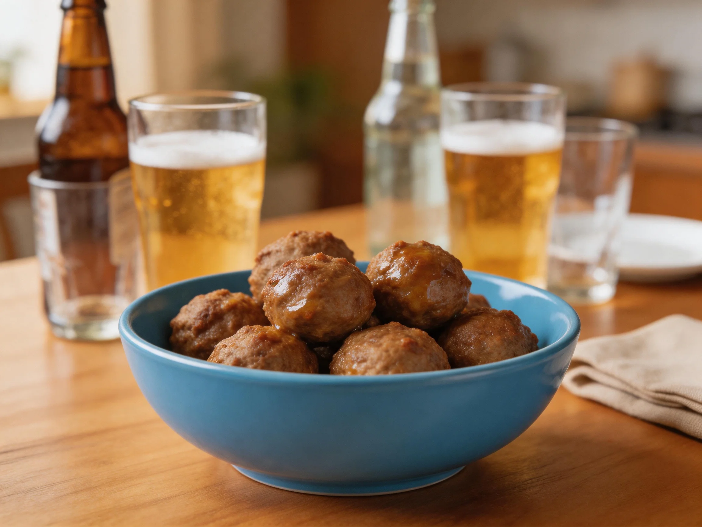 A blue bowl of brown meatballs near golden beer glasses