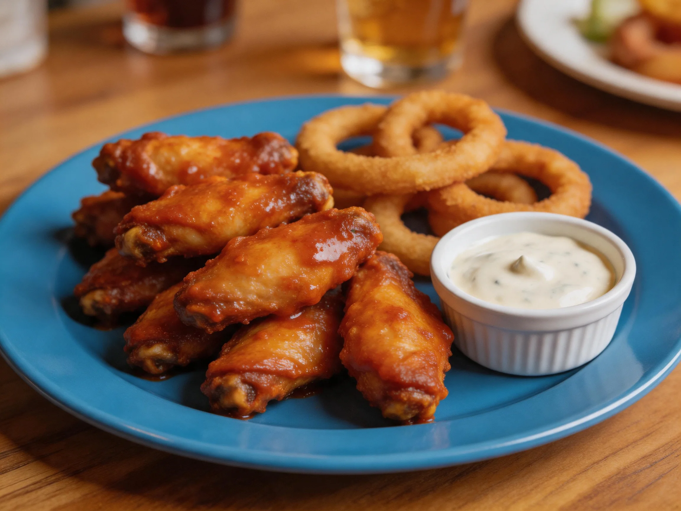 A blue plate holds chicken wings, onion rings, and a dip