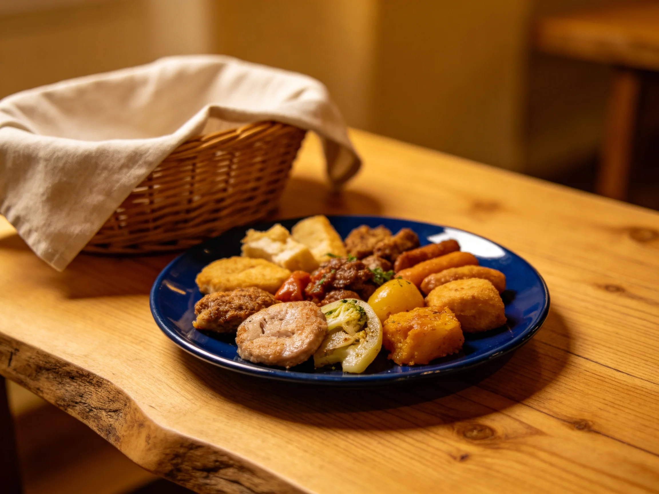 A blue plate of assorted fried foods on a wooden table near a wicker basket