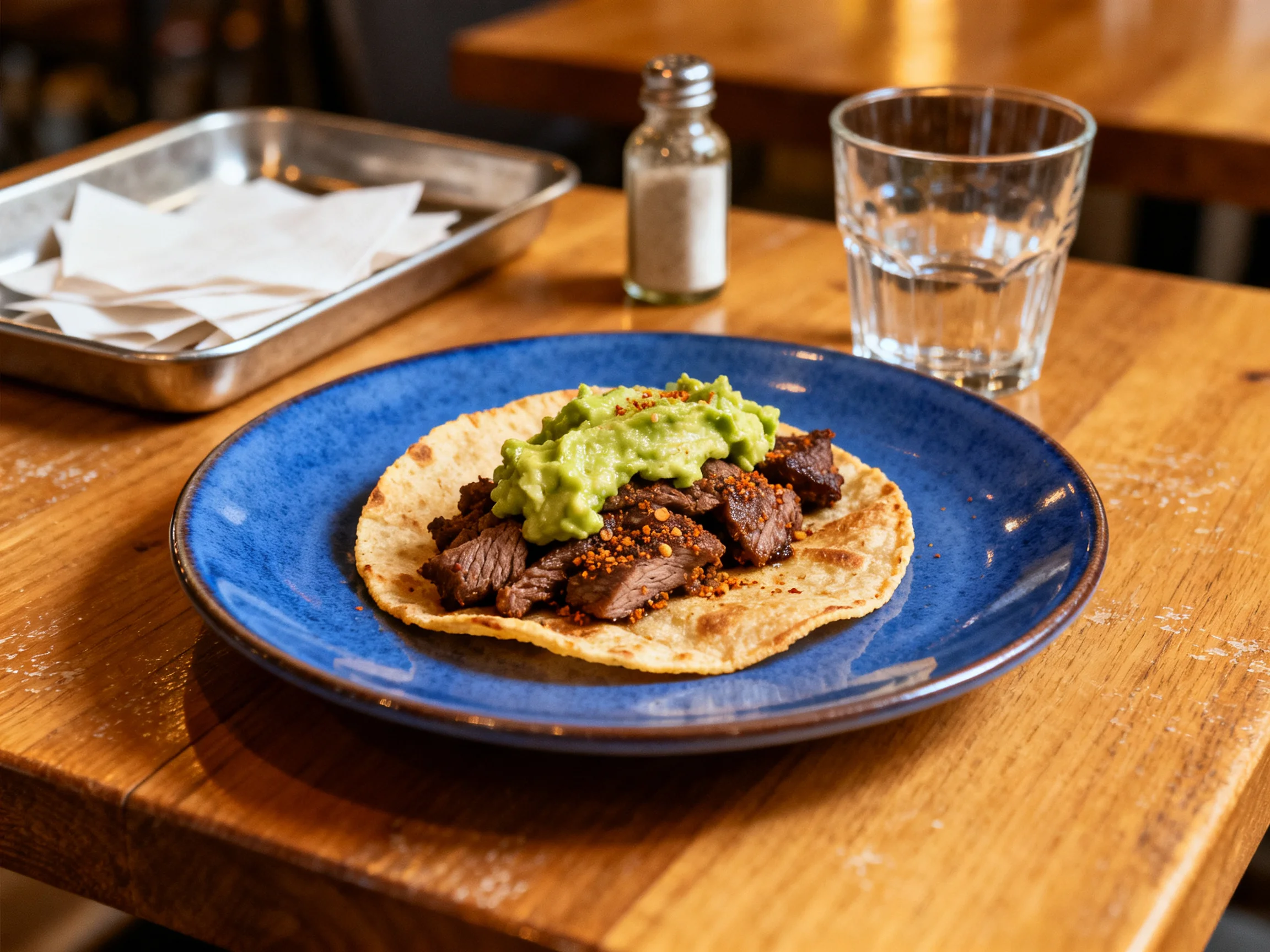 A blue plate serves a taco with green guacamole and brown meat on a wooden table