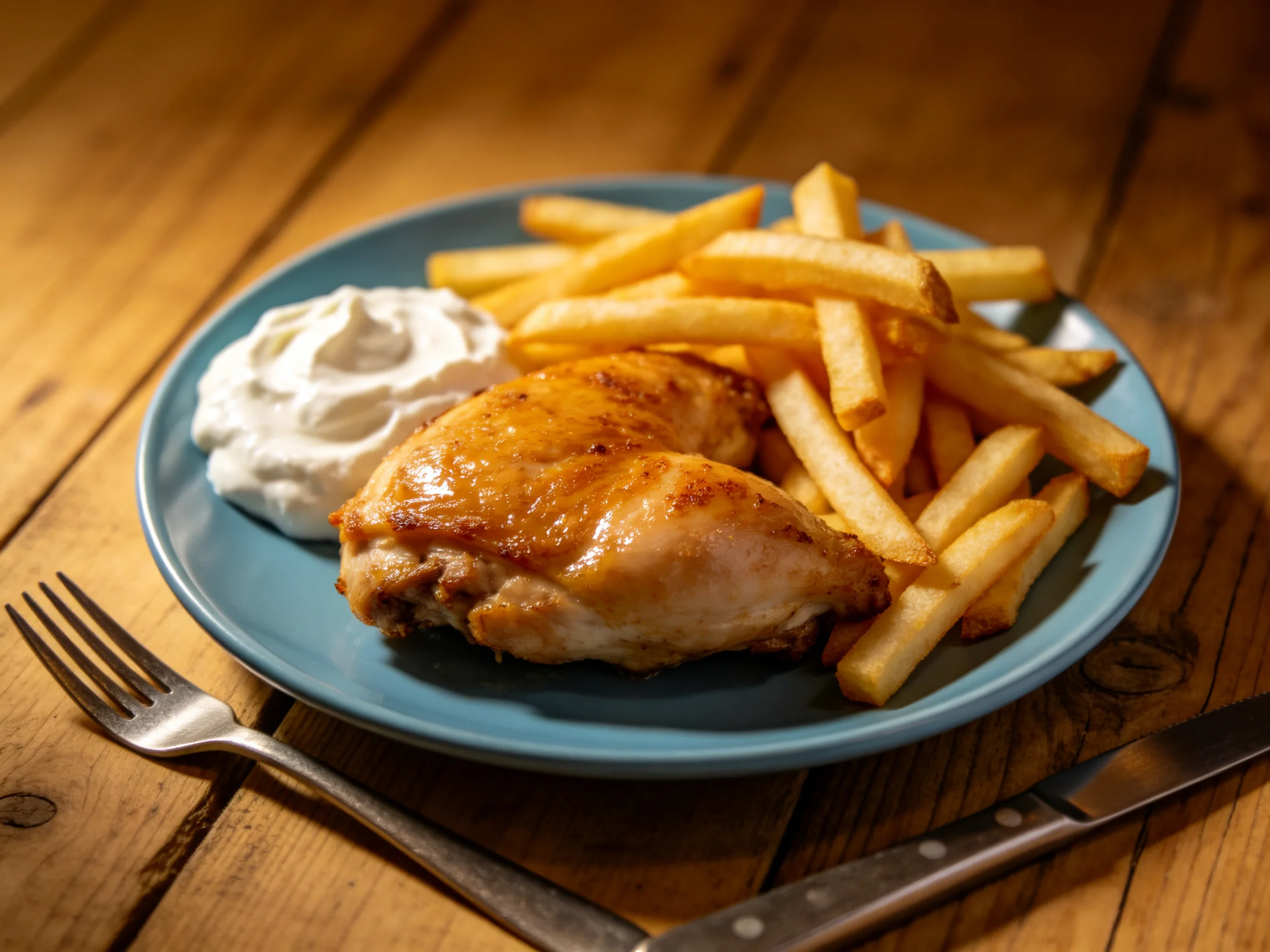 A blue plate serves roasted chicken, golden fries, and white sauce