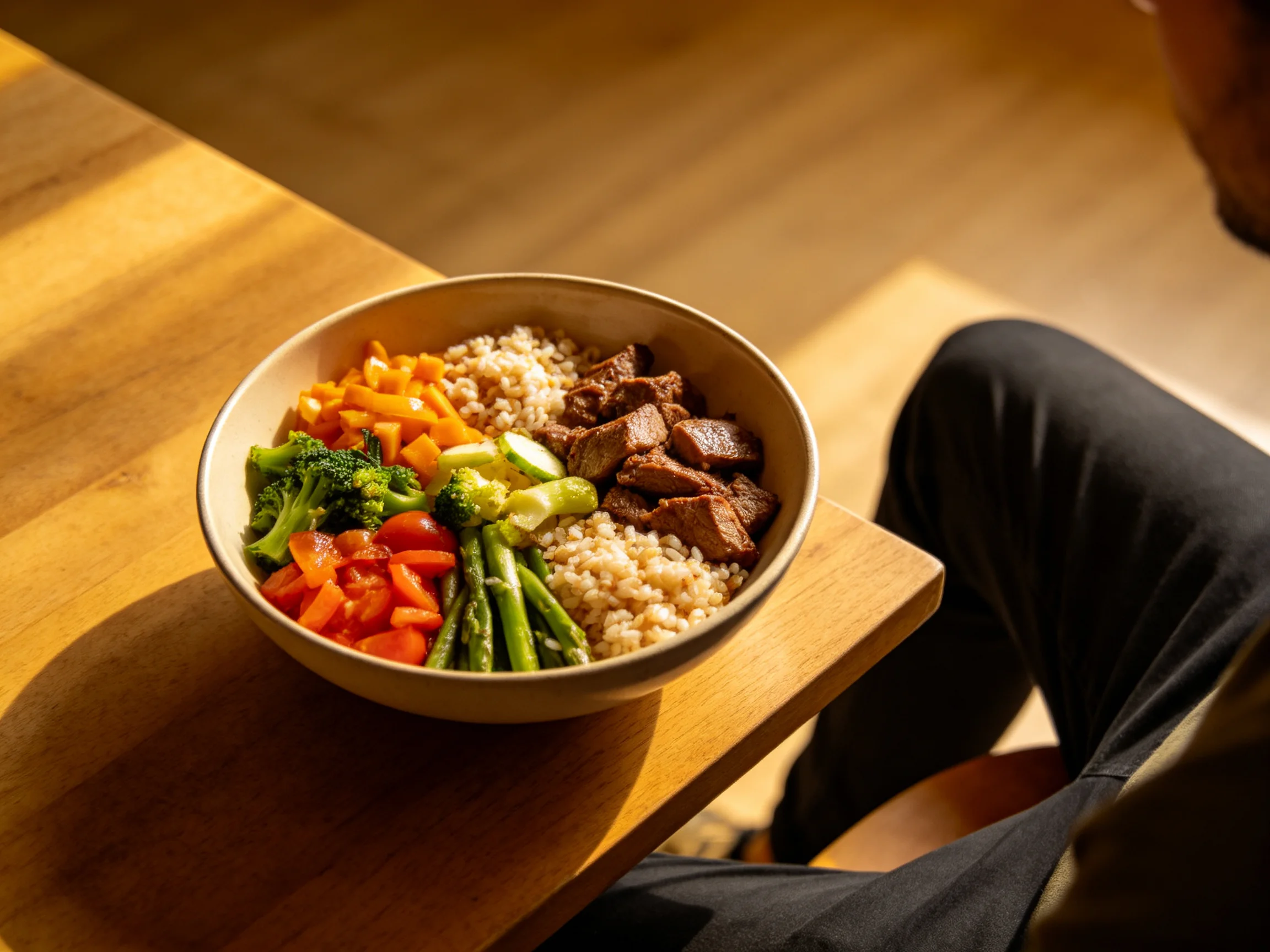 A bowl holds grains, meat, and vibrant vegetables on a wooden table