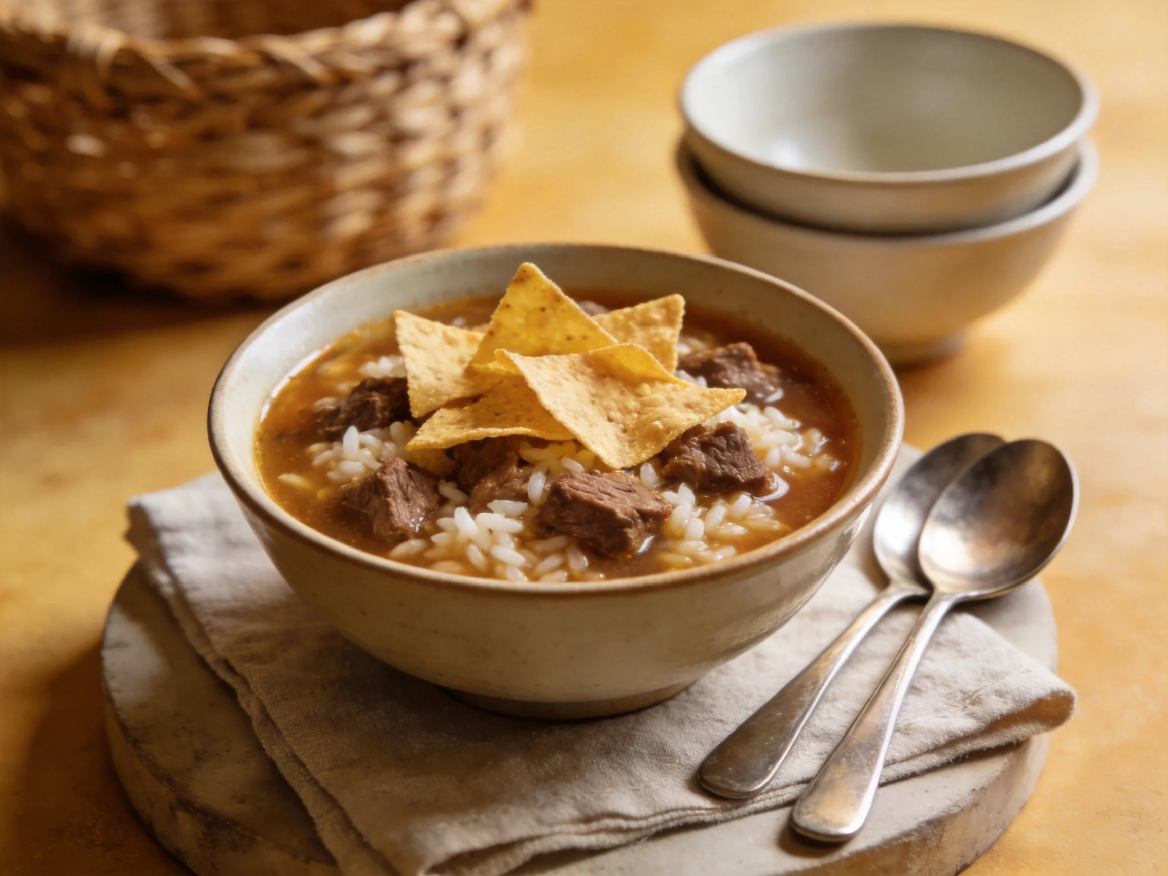 A bowl of beef and rice soup topped with crispy tortilla chips