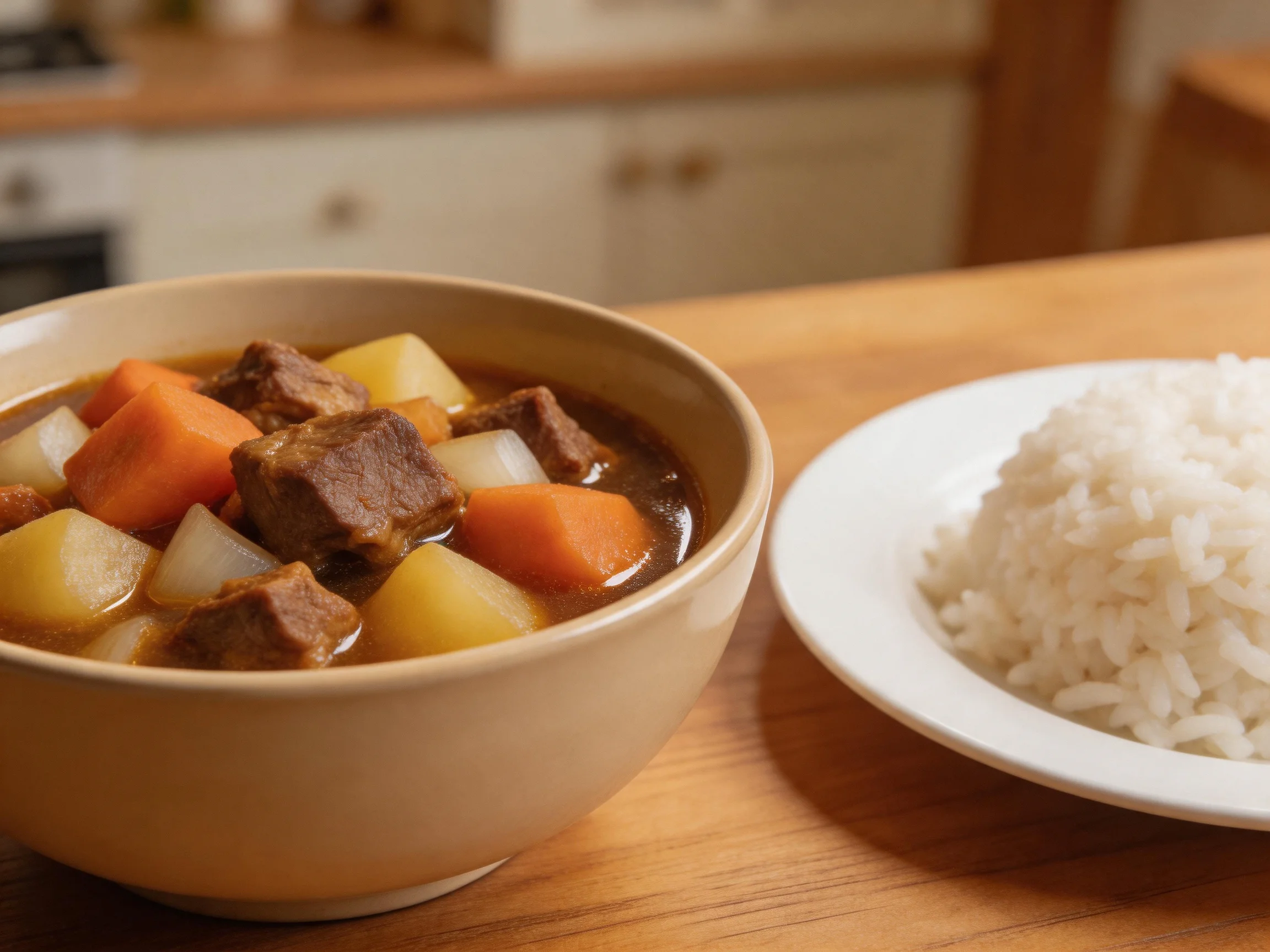 A bowl of beef stew with vegetables and rice