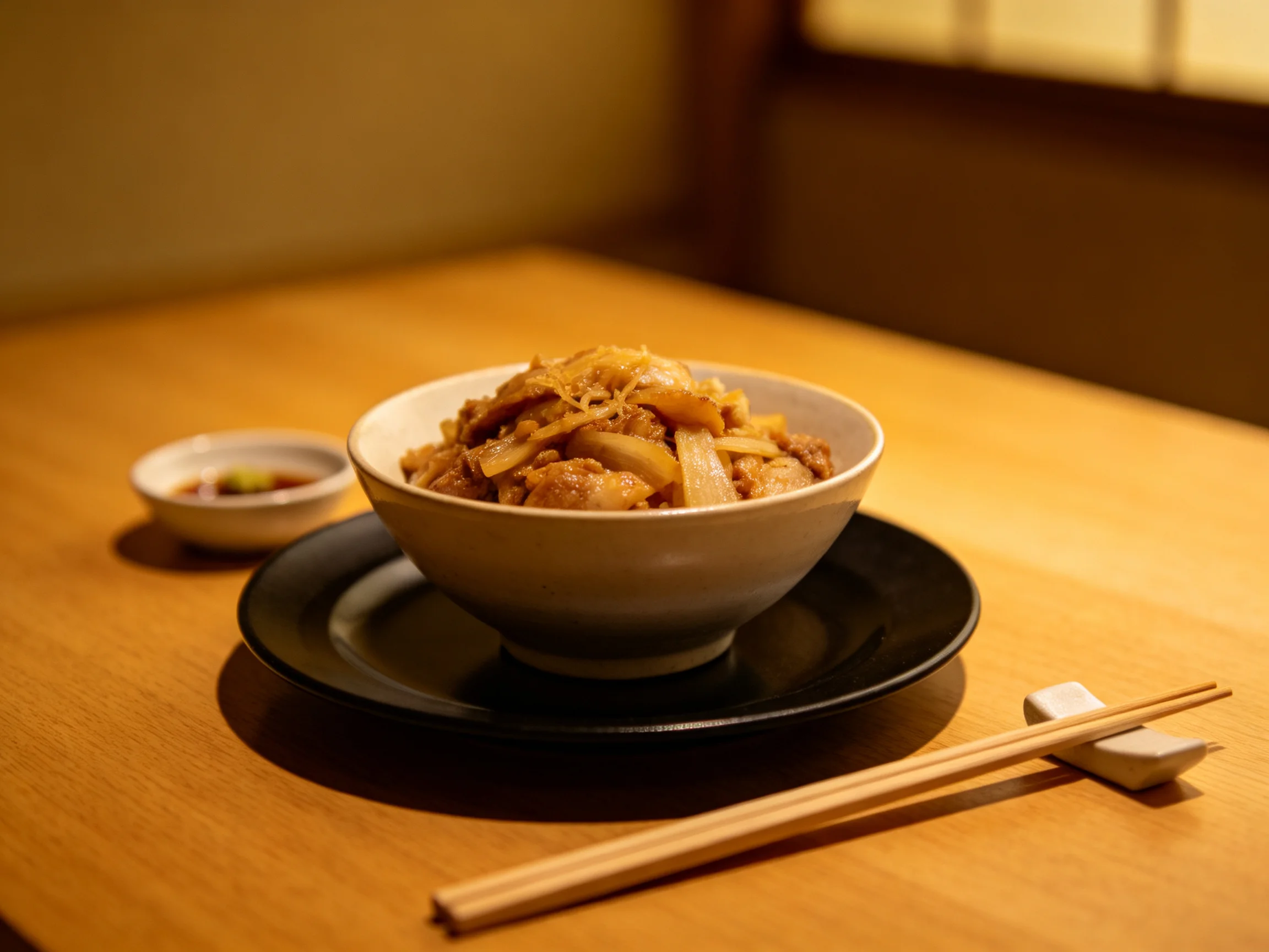 A bowl of browned stir - fry served with chopsticks and sauce