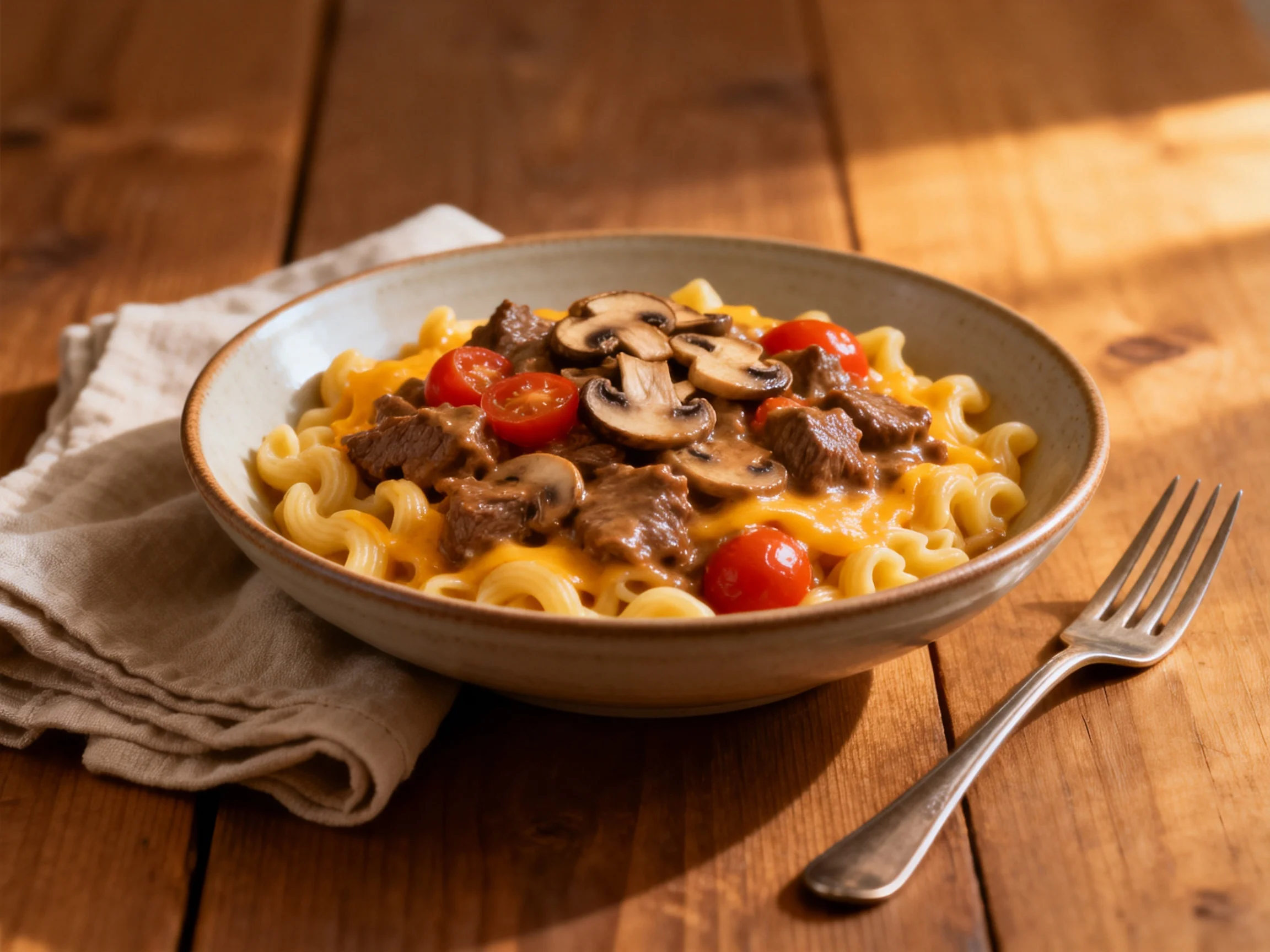 A bowl of cheesy beef and mushroom pasta with cherry tomatoes