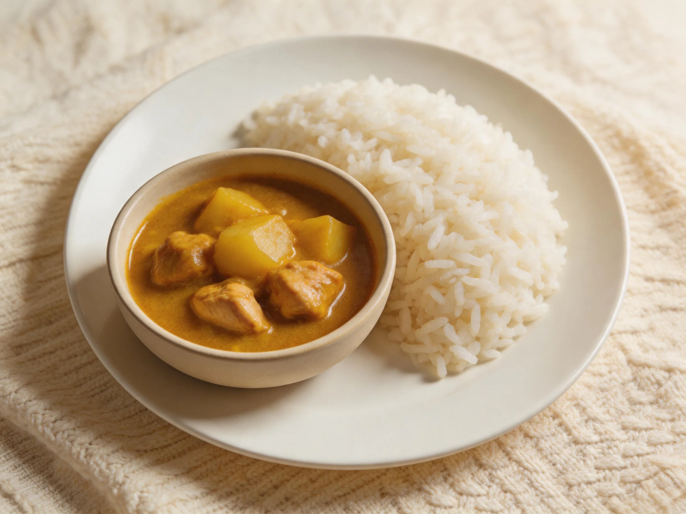 A bowl of chicken potato curry beside fluffy white rice