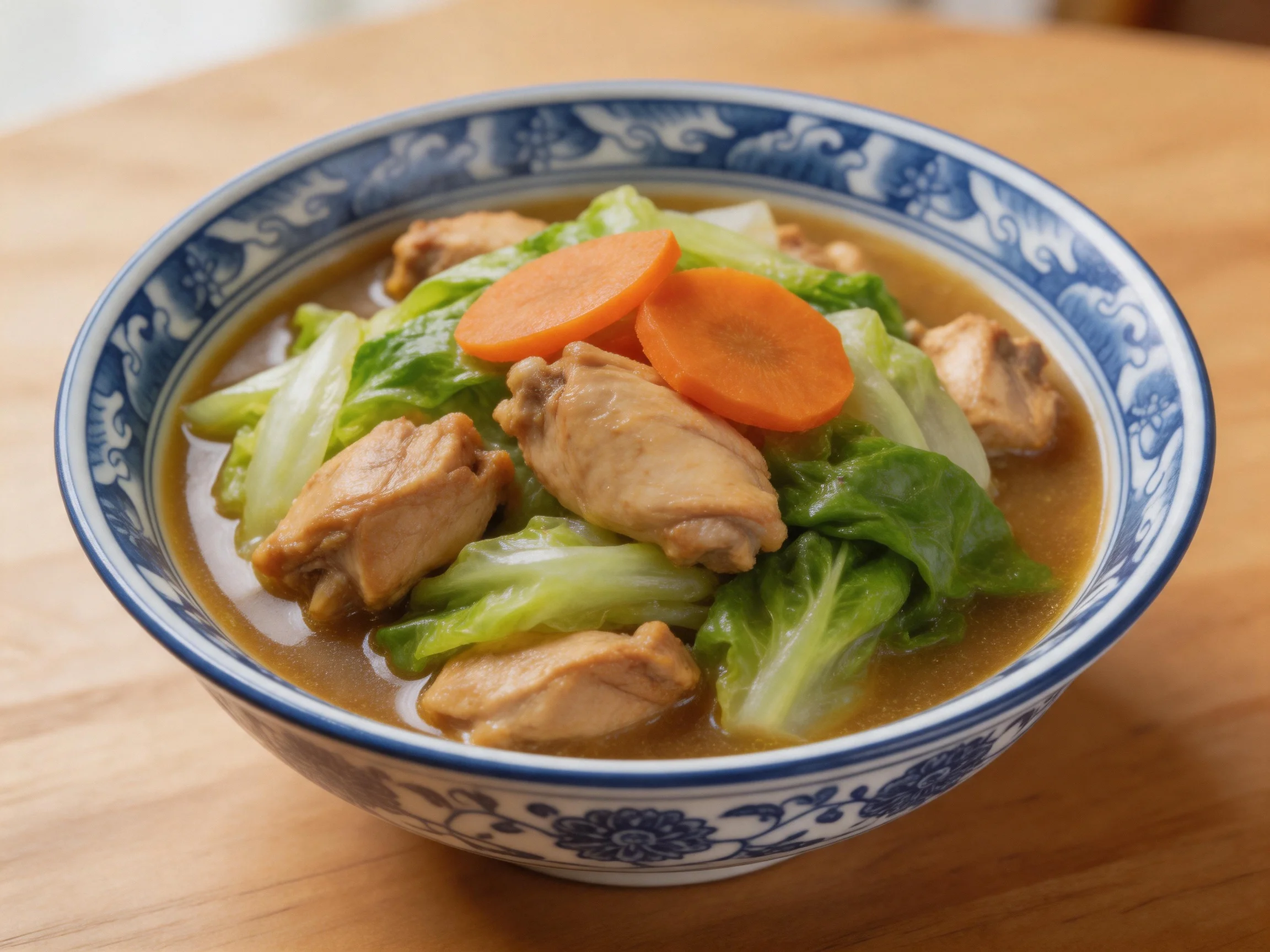 A bowl of chicken stew with cabbage and carrot slices