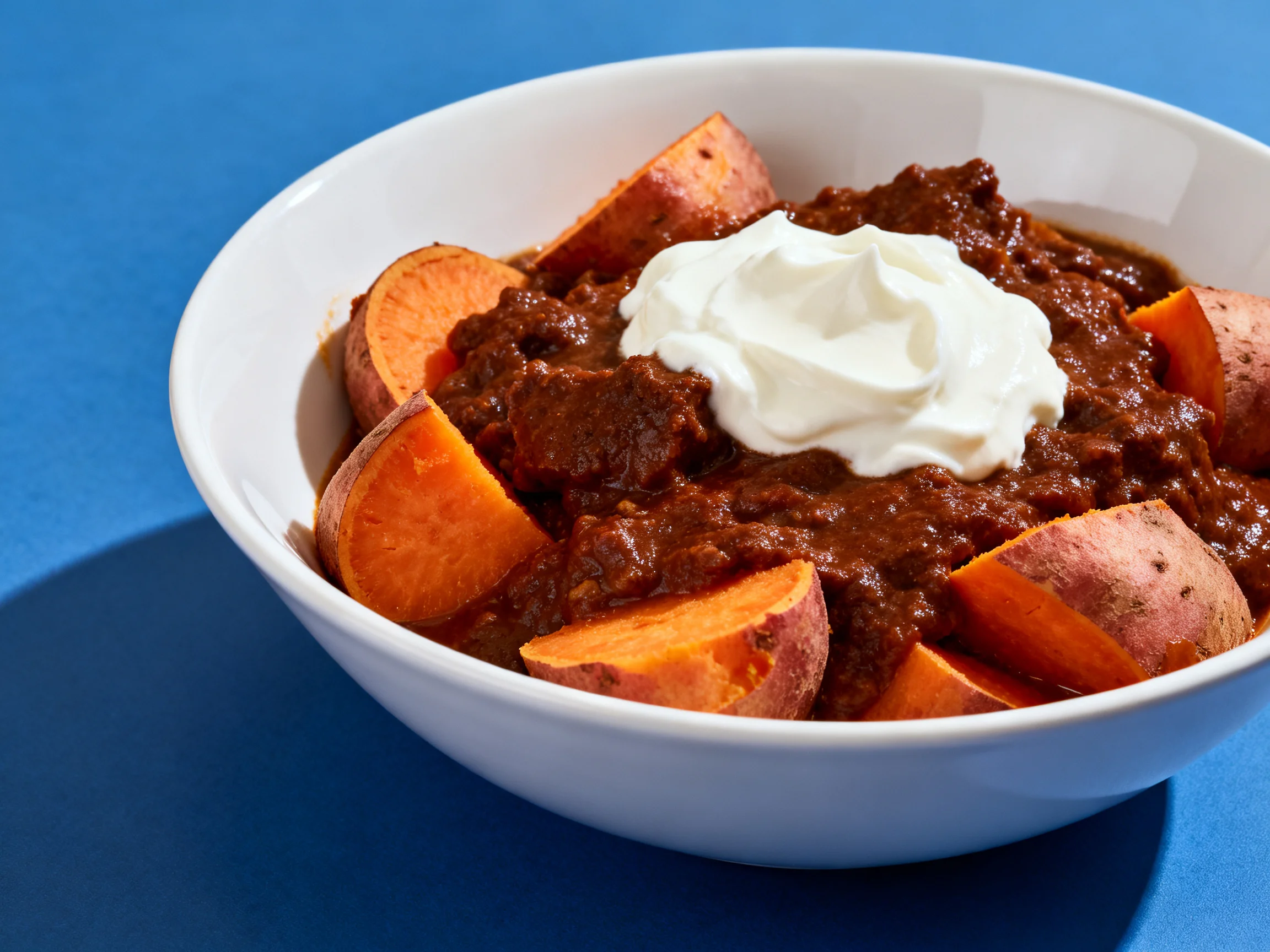 A bowl of chili topped with sour cream and sweet potato wedges