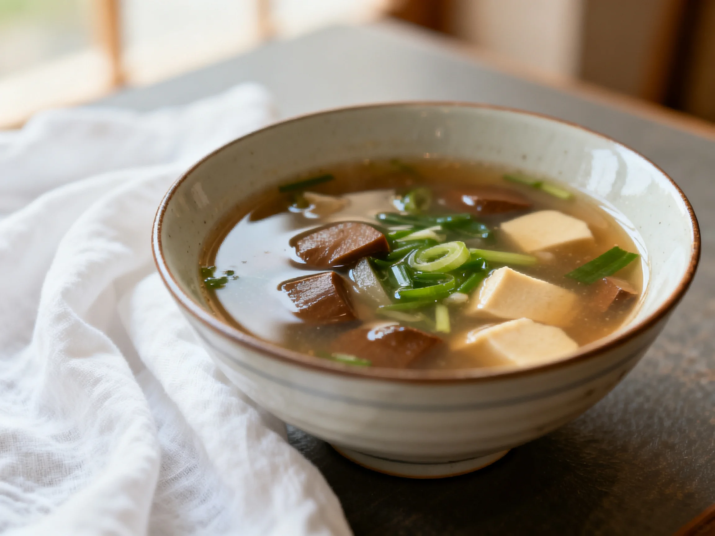 A bowl of clear broth soup with tofu, green onions, and brown chunks