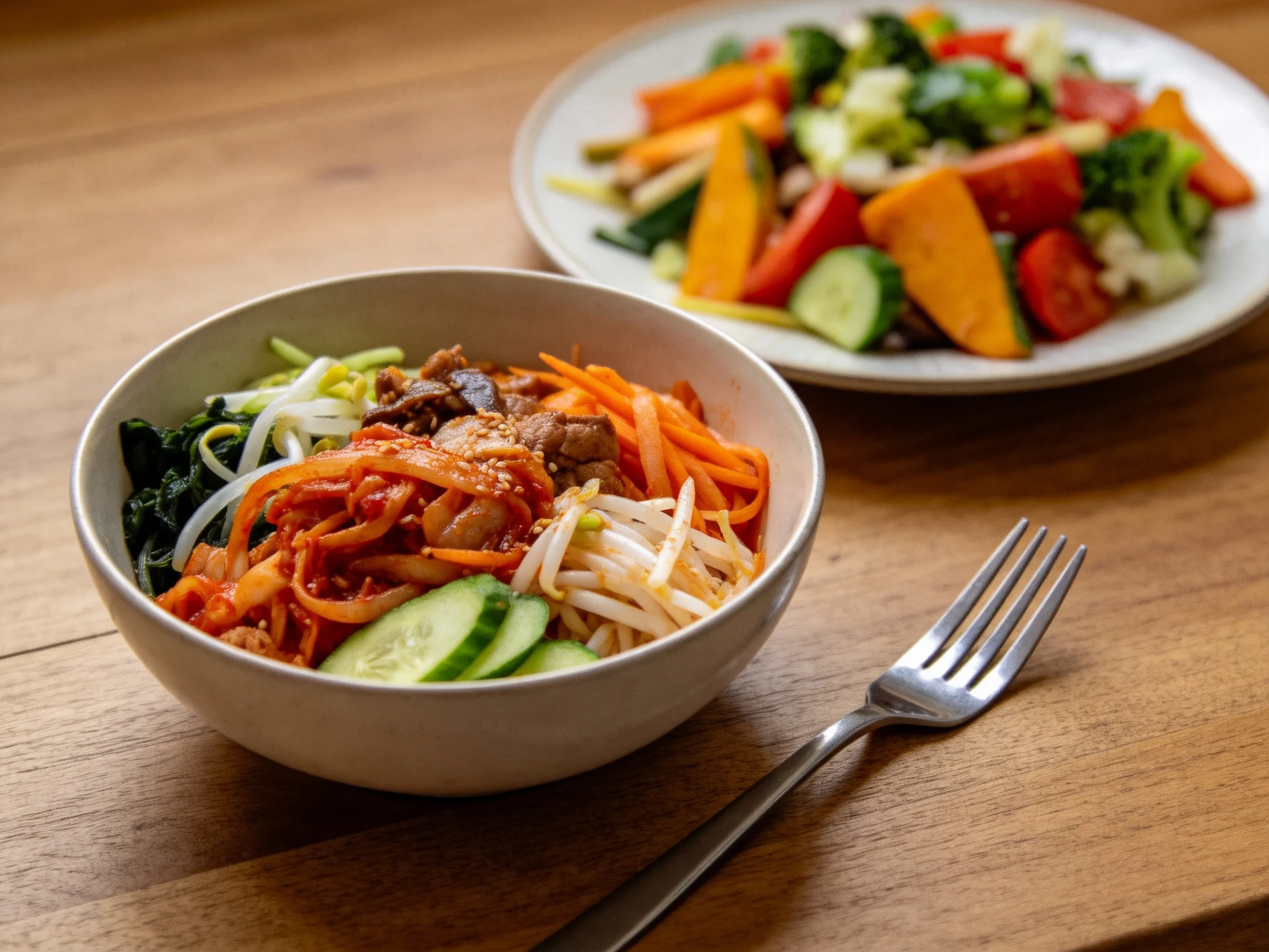 A bowl of colorful noodles with assorted veggies beside a mixed veggie platter