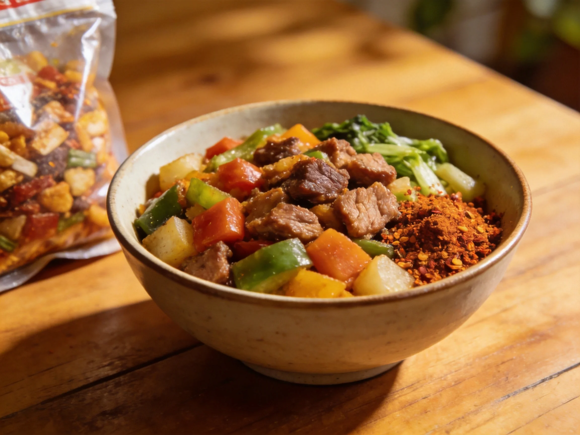 A bowl of colorful stew with meat, veggies, and a spice packet nearby