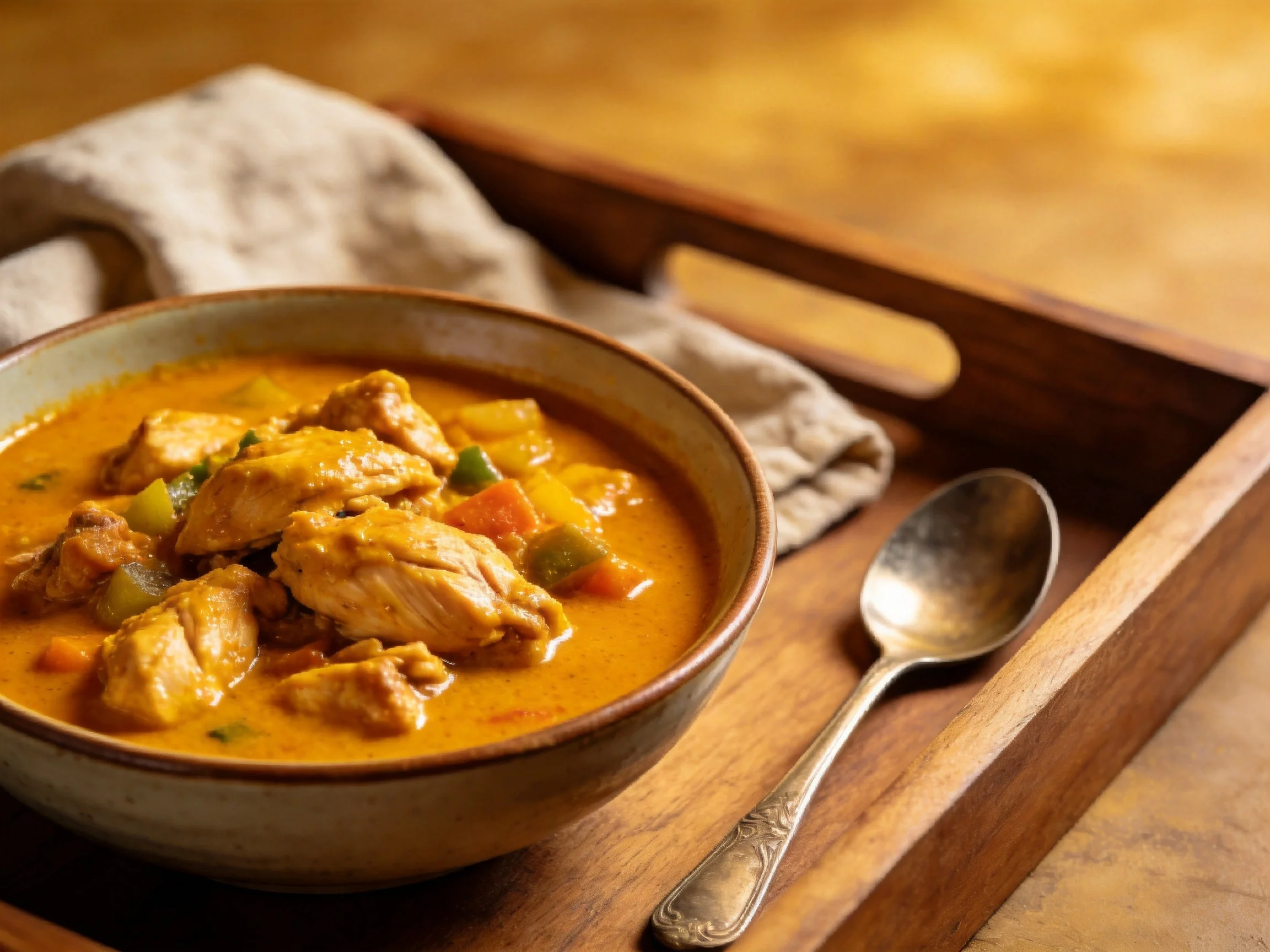 A bowl of creamy chicken curry with vegetables on a wooden tray