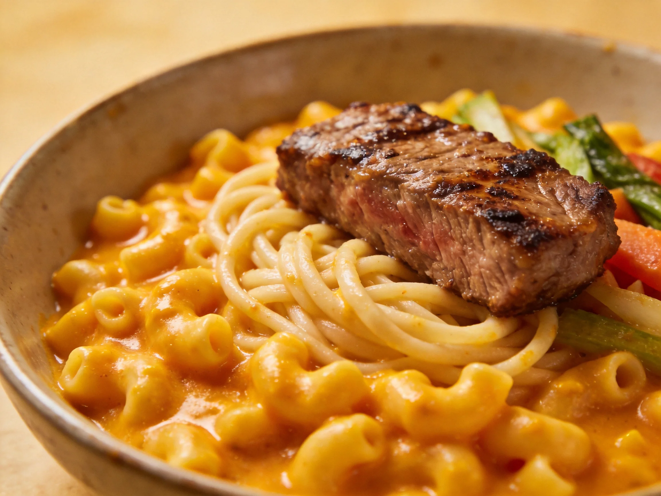 A bowl of creamy orange mac n cheese with grilled steak