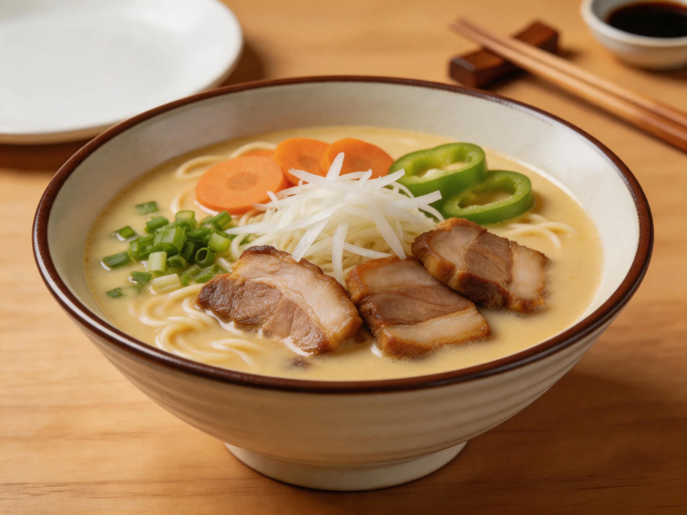 A bowl of creamy ramen with pork, carrots, and green peppers