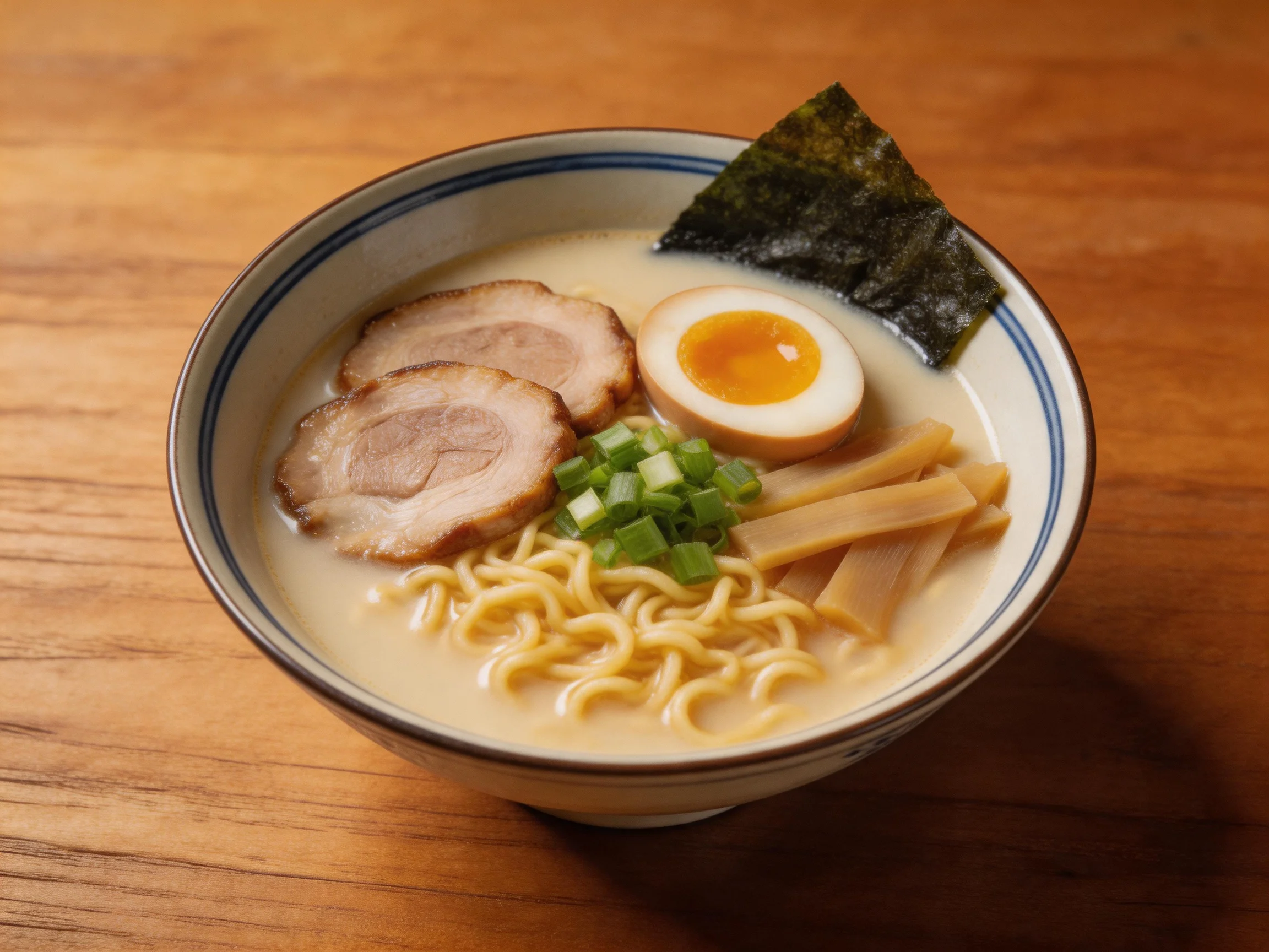 A bowl of creamy ramen with pork, egg, and seaweed