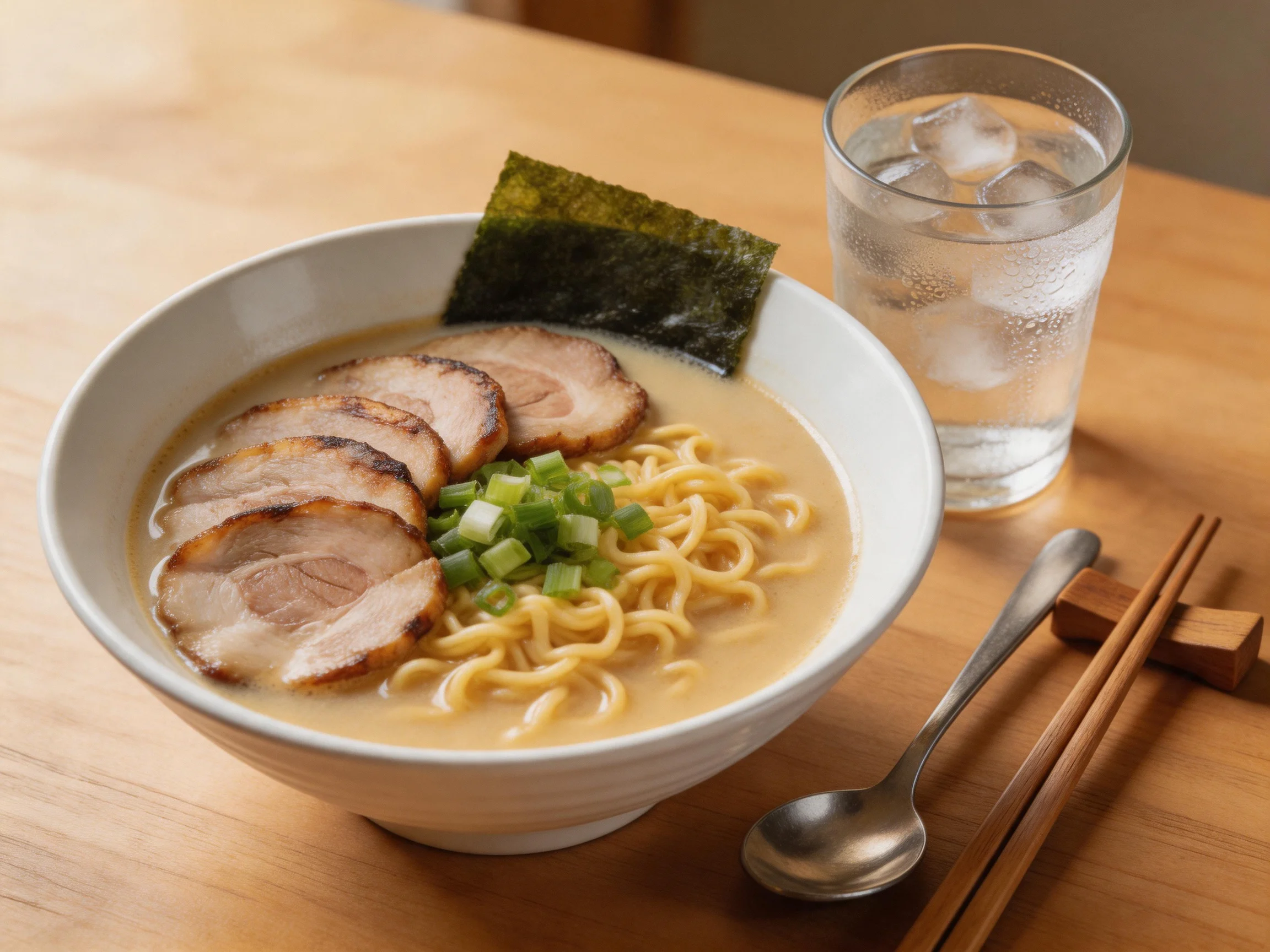 A bowl of creamy ramen with pork slices, green onions, and seaweed
