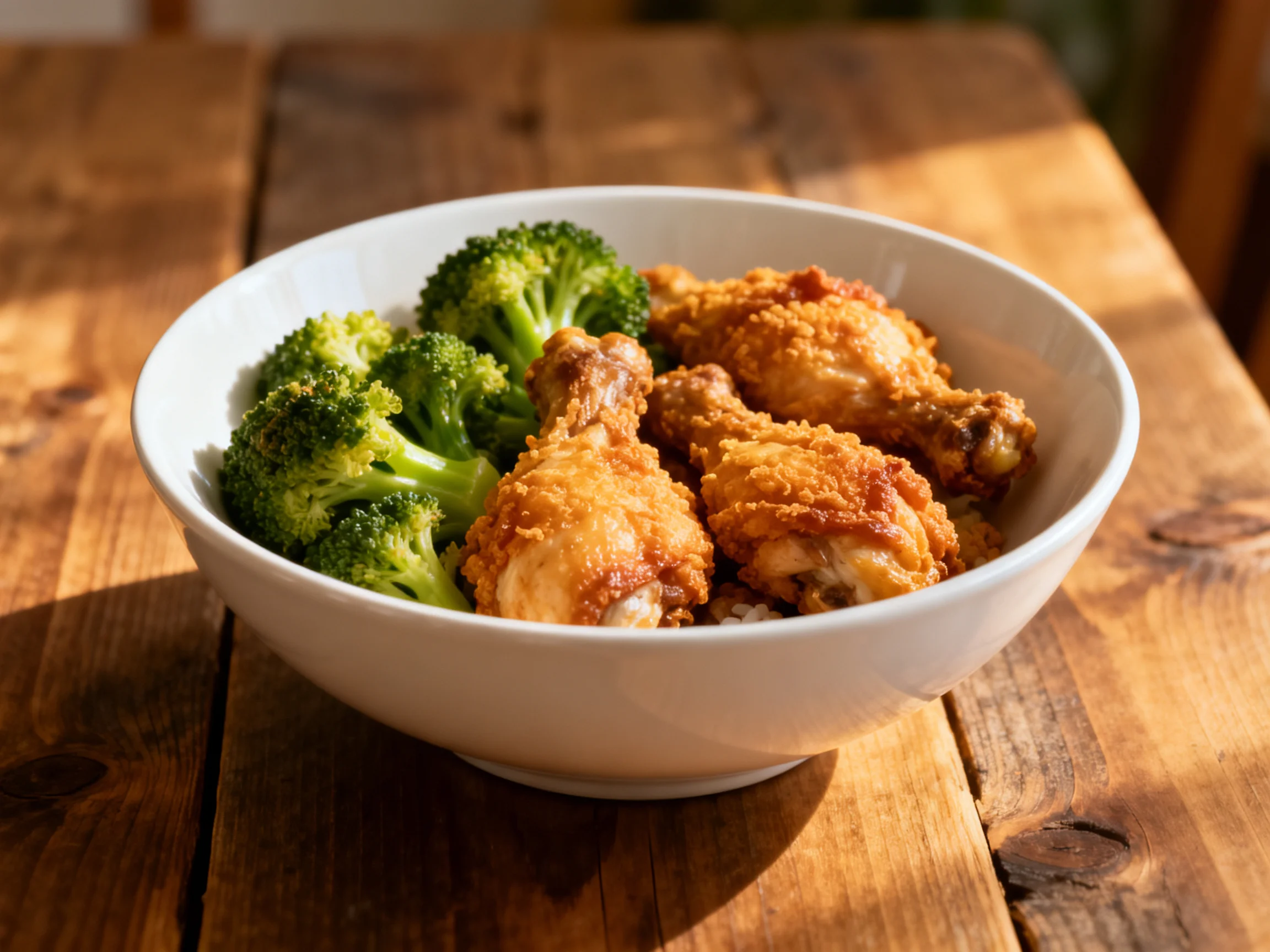 A bowl of crispy fried chicken and vibrant green broccoli on a wooden table